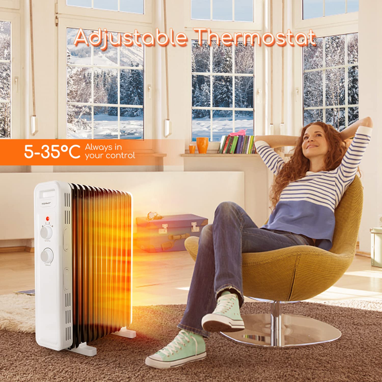 Aigostar Ölradiator 2500 Watt Energiesparend Heizkörper mit Thermostat | 13 Rippen für 30m², Heizung Elektrisch 3 Heizstufen, Kipp & Überhitzungsschutz, Mobiler Elektroheizung Heizgerät for Room