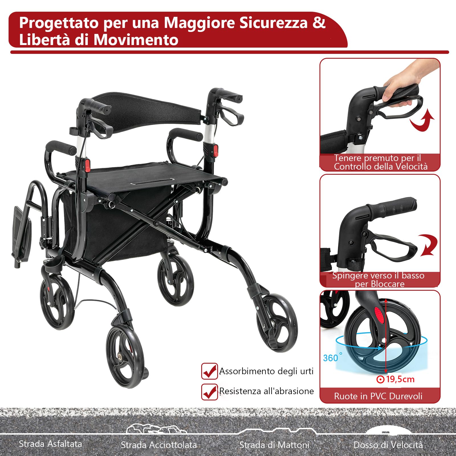 GYMAX Deambulatore 2-in-1 con Sella, Passeggio per Anziani Pieghevole con Altezza Regolabile, Borsa di Stoccaggio Rimovibile, Sedia a Rotelle in Alluminio Leggera, Nero