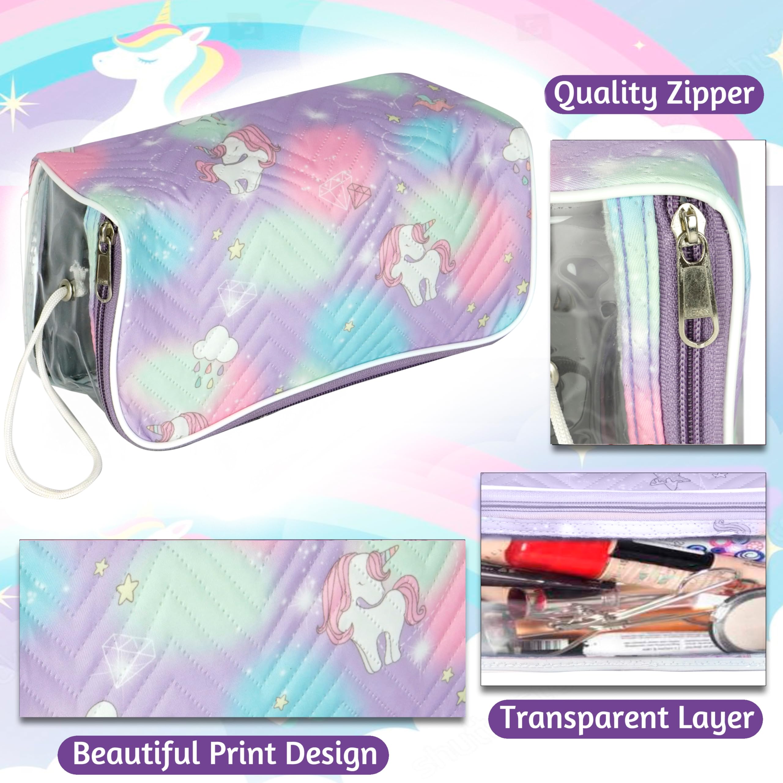 Storite Levendar - Bolsa transparente para cosméticos con estampado de unicornio, organizador de maquillaje, accesorios de joyería, bolsa de aseo con cremallera y asa para mujeres, accesorios de viaje