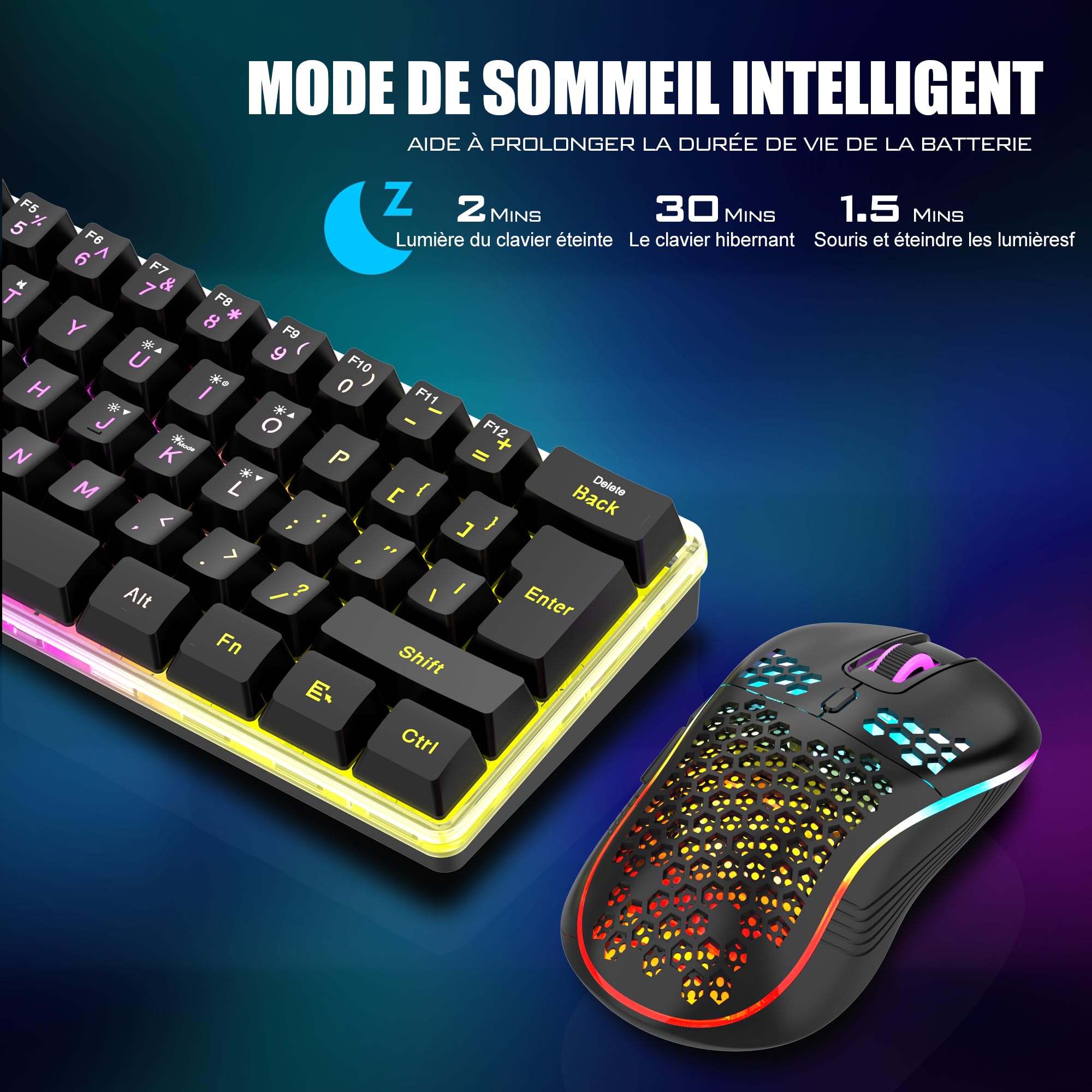 RedThunder K62 60% Clavier et Souris de Jeu sans Fil RVB，AZERTY FRANÇAIS 62 Touches Mini-Clavier Rétroéclairé Ultra-Compact，Souris Optique Cellulaire Légère，kit Portable pour PC PS5 Xbox Gamers(Noir)
