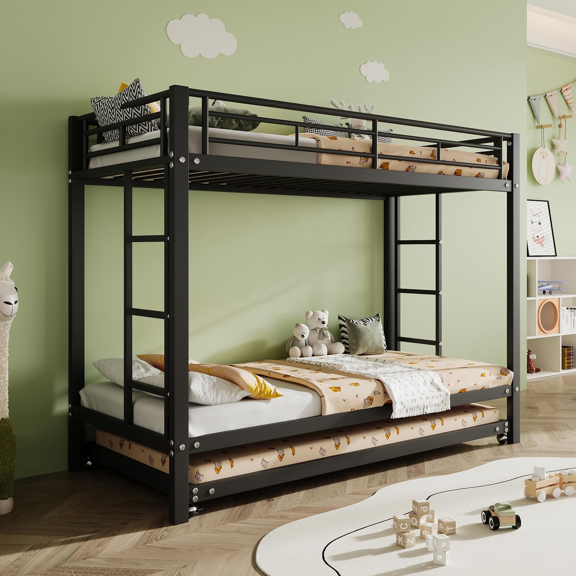 Literas 3 Camas 90x200 cm con Cama extraíble 90x190 cm Incluidas Las Pastillas de Freno, Marco de Camas de Metal con Barreras de Seguridad, con somier de láminas, sin Colchón, Negro