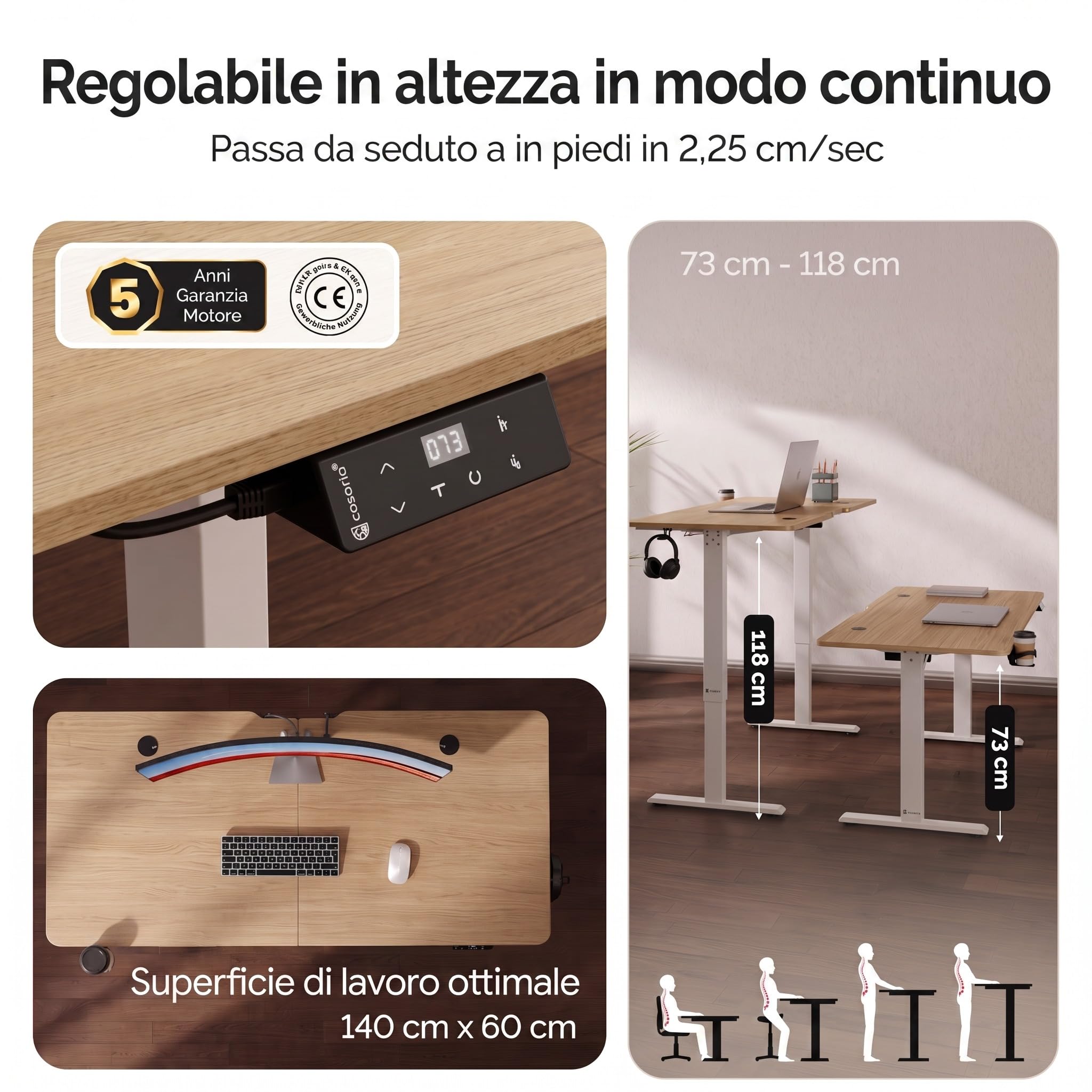 Casaria® Scrivania Regolabile 140x60x73-118cm con Porta Cuffie Portabicchieri Tavolo da Gioco Ufficio Look Moderno