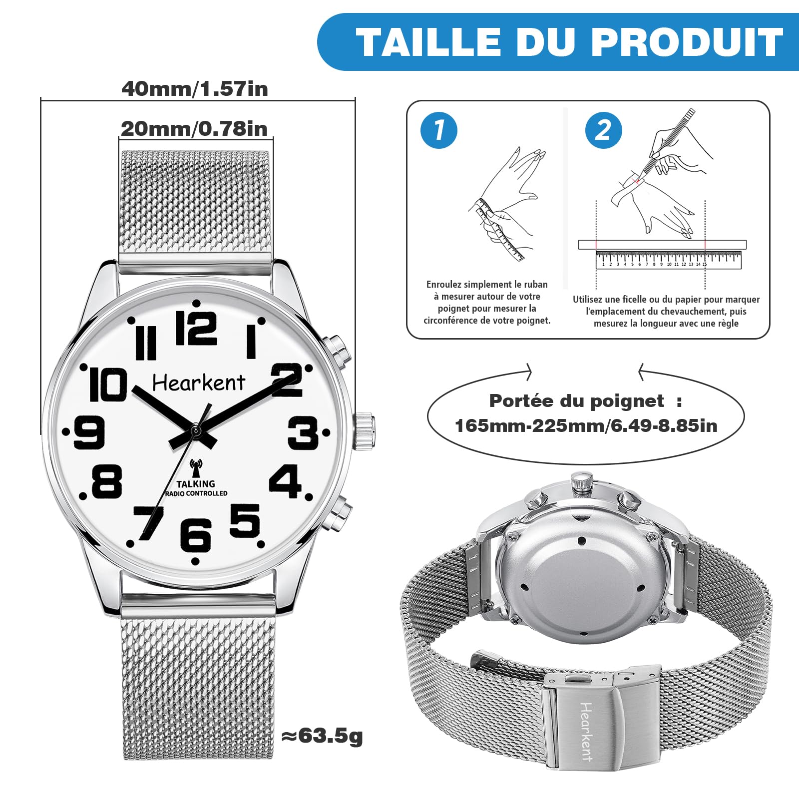 Hearkent Montre Parlante pour Malvoyant Homme, avec Voix Française | Grands Chiffres Clairs et lisibles, Voix Puissante, Durée l'étalonnage Automatique Réception Signal