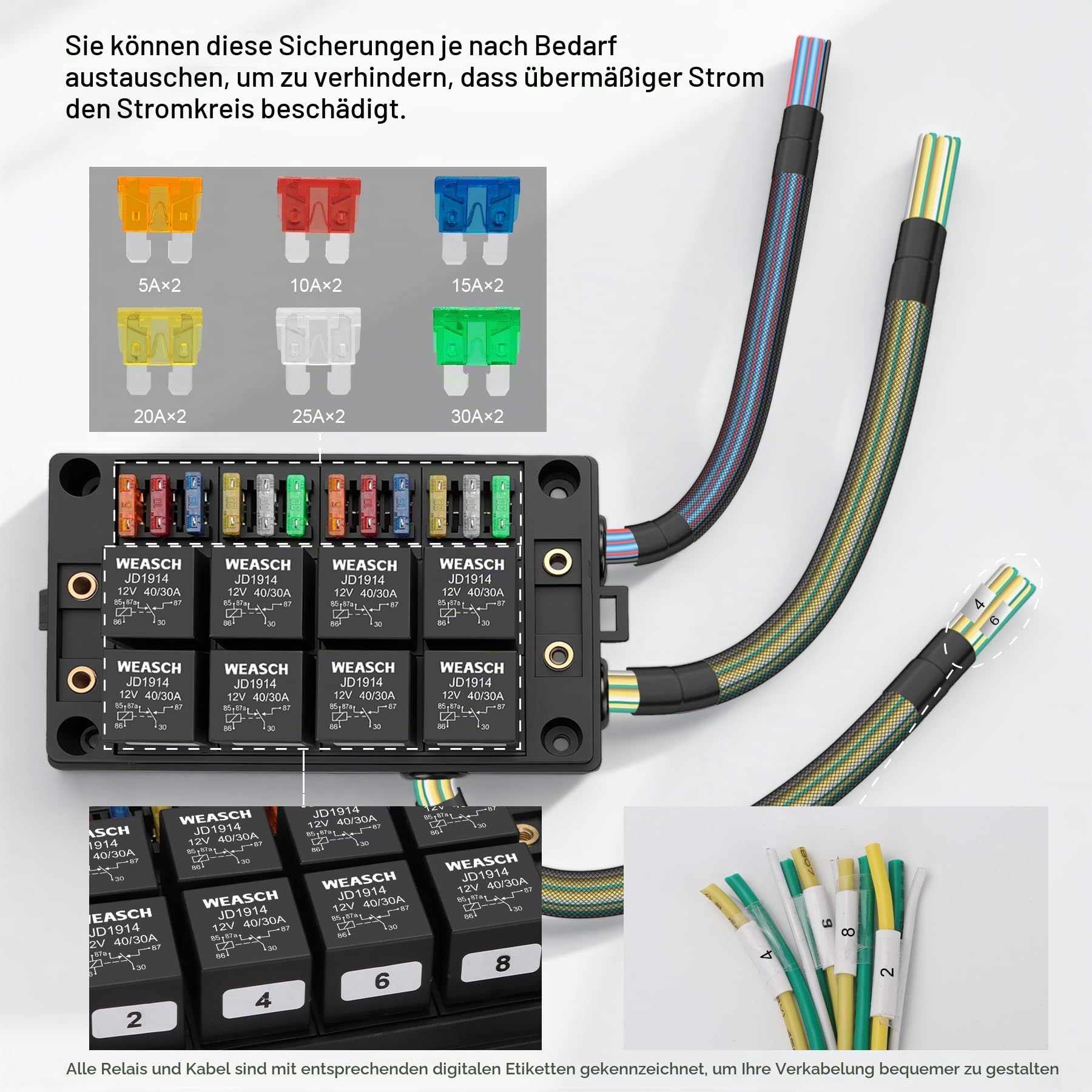 12V 40A 12-fach vorverdrahteter Sicherungs- und Relaiskasten, 8 Relais und 12 ATC/ATO-Flachsicherungen, für PKW, LKW, Boot und Jeep