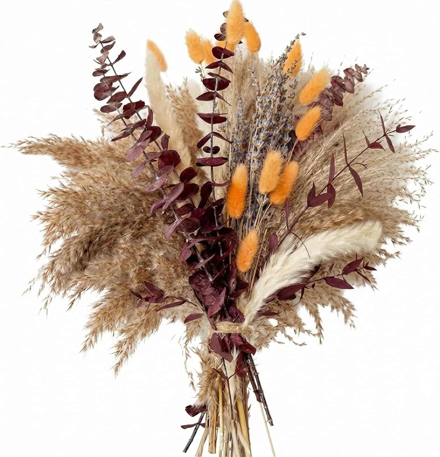 66pcs Dried Flower Bouquet – Natural Floral Arrangement with Pampas Grass, Eucalyptus, Bunny Tails – Warm Brown, Burgundy Bunch for Home, Living Room, Office Decor
