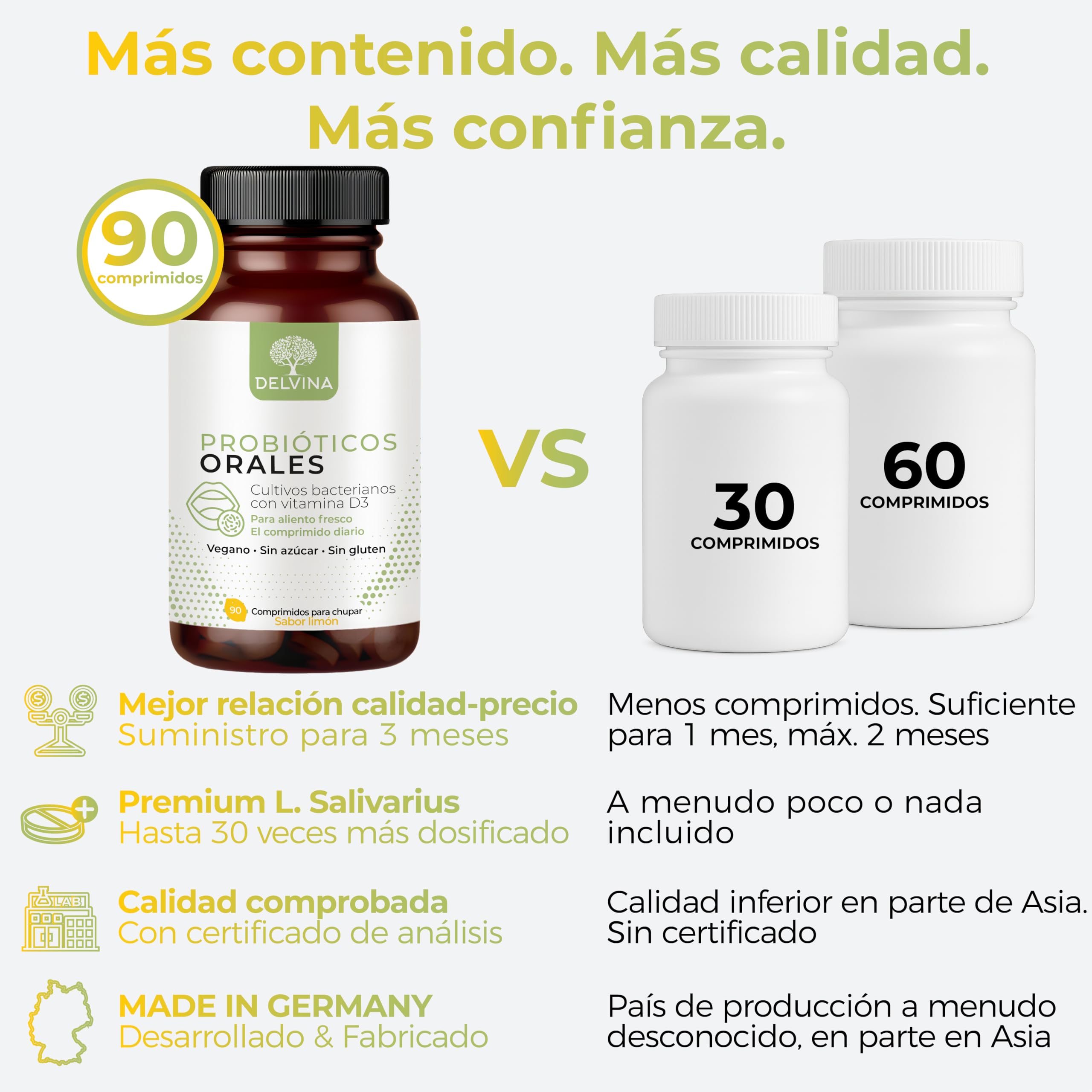 Combate el mal aliento - 90 pastillas para la higiene bucal sin enjuague bucal ni limpiador lingual - Aliento fresco - Cultivos bacterianos con vitamina D3 contra el mal aliento, limón