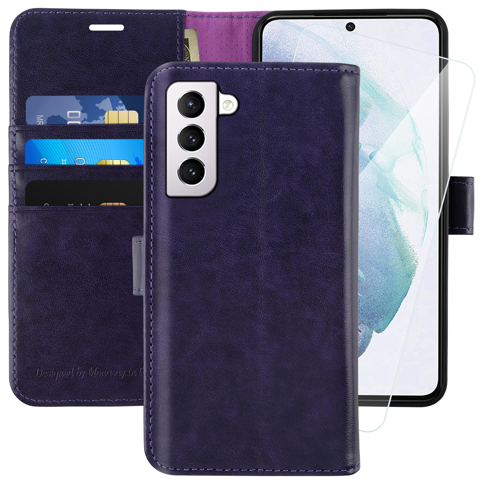 MONASAY Wallet Case Compatible for Galaxy S21 FE 5G, 6.4 inch [Screen Protector Included][RFID Blocking] Flip Folio Leather Cell Phone Cover with