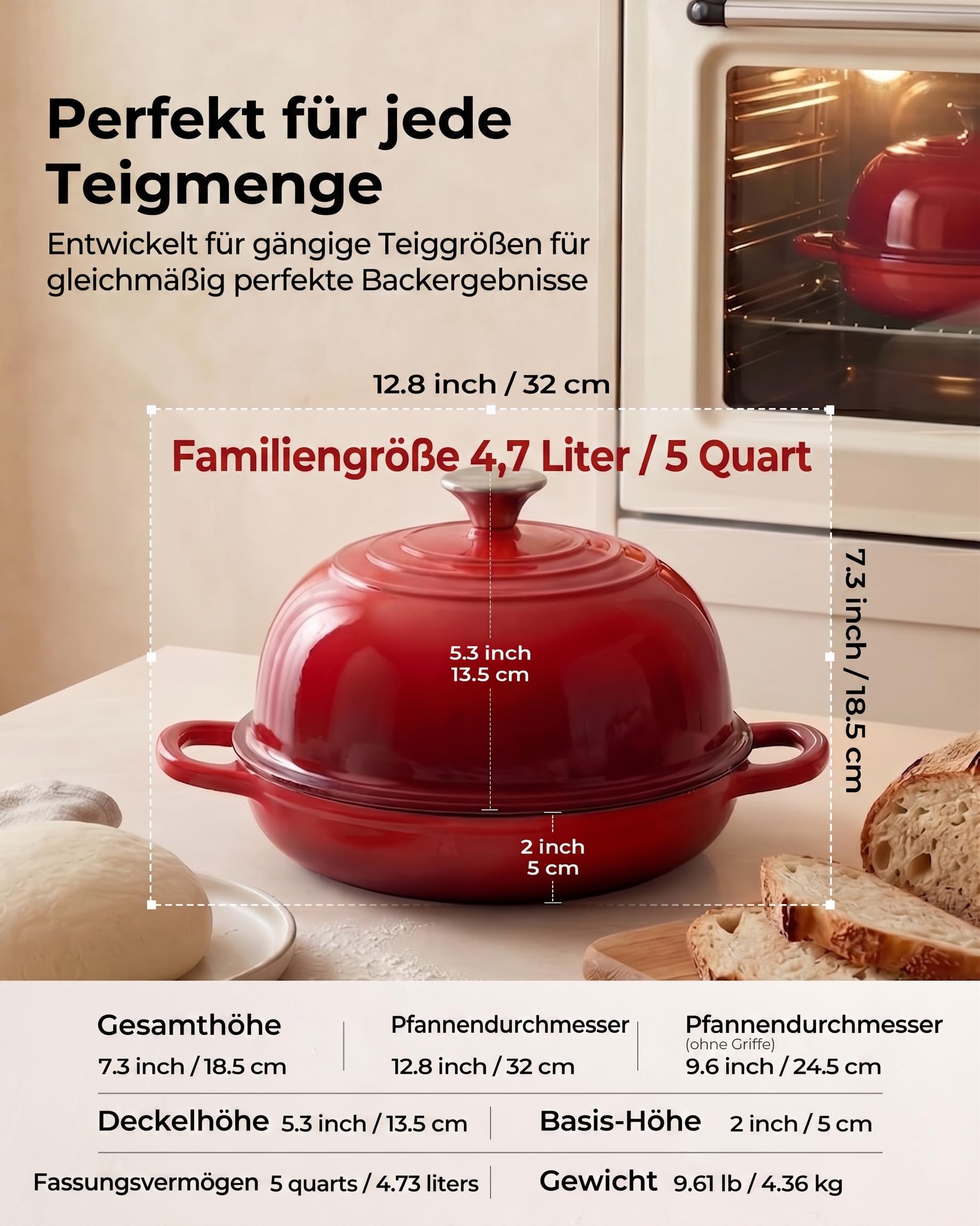 Gusseisen Topf Brot Backen, 4,7L Bräter Emaille Schmortopf mit Deckel und Griffen, 24 cm Dutch Oven, Brotbacktopf für Selbstgemachte, Geshenke für Sauerteigbäcker, Rot