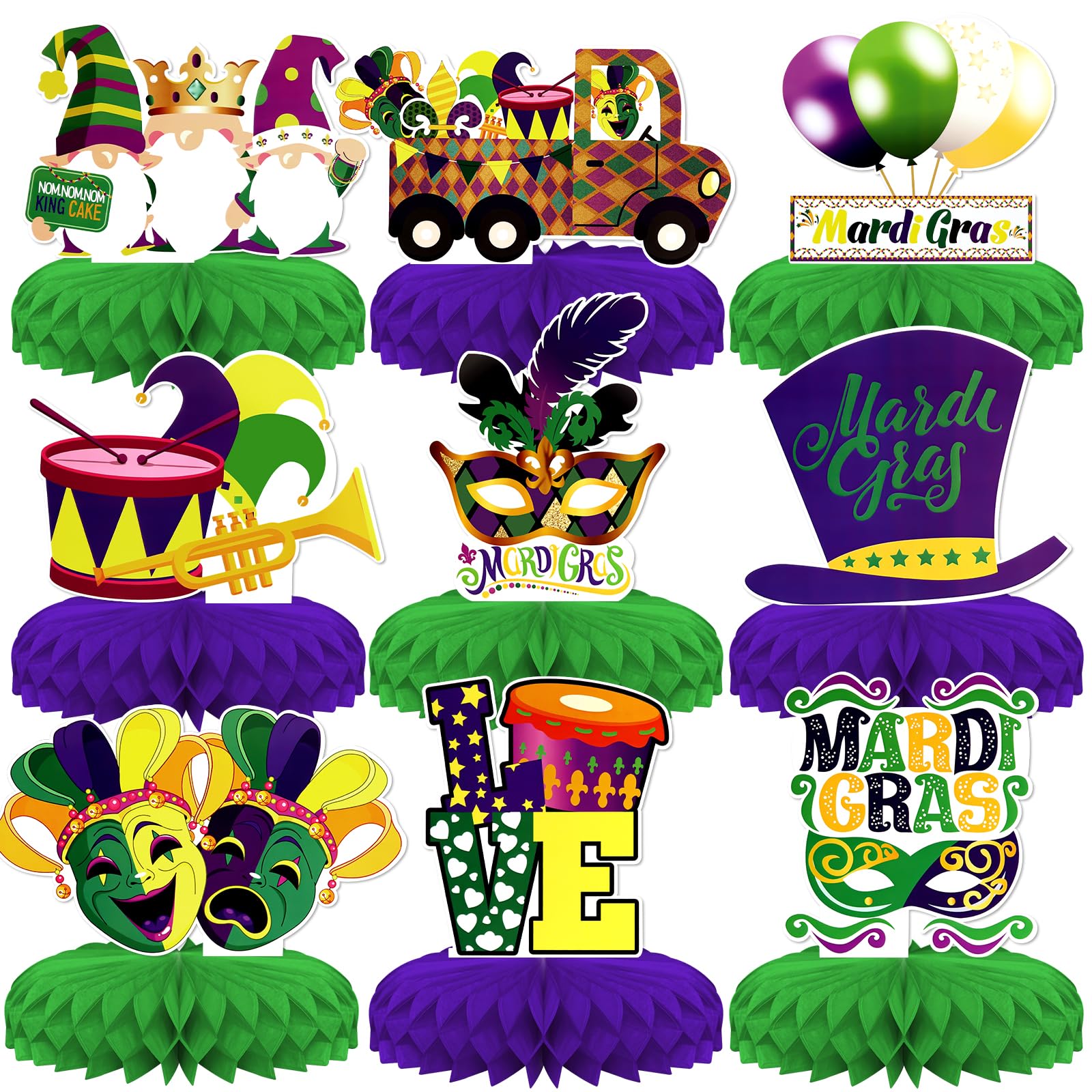 Mardi Gras Party Decorations,9 PCS KSKSPE Mardi Gras Centerpieces for Tables Honeycomb Centerpieces 3D Mardi Gras Theme Party Decor Supplies Boys