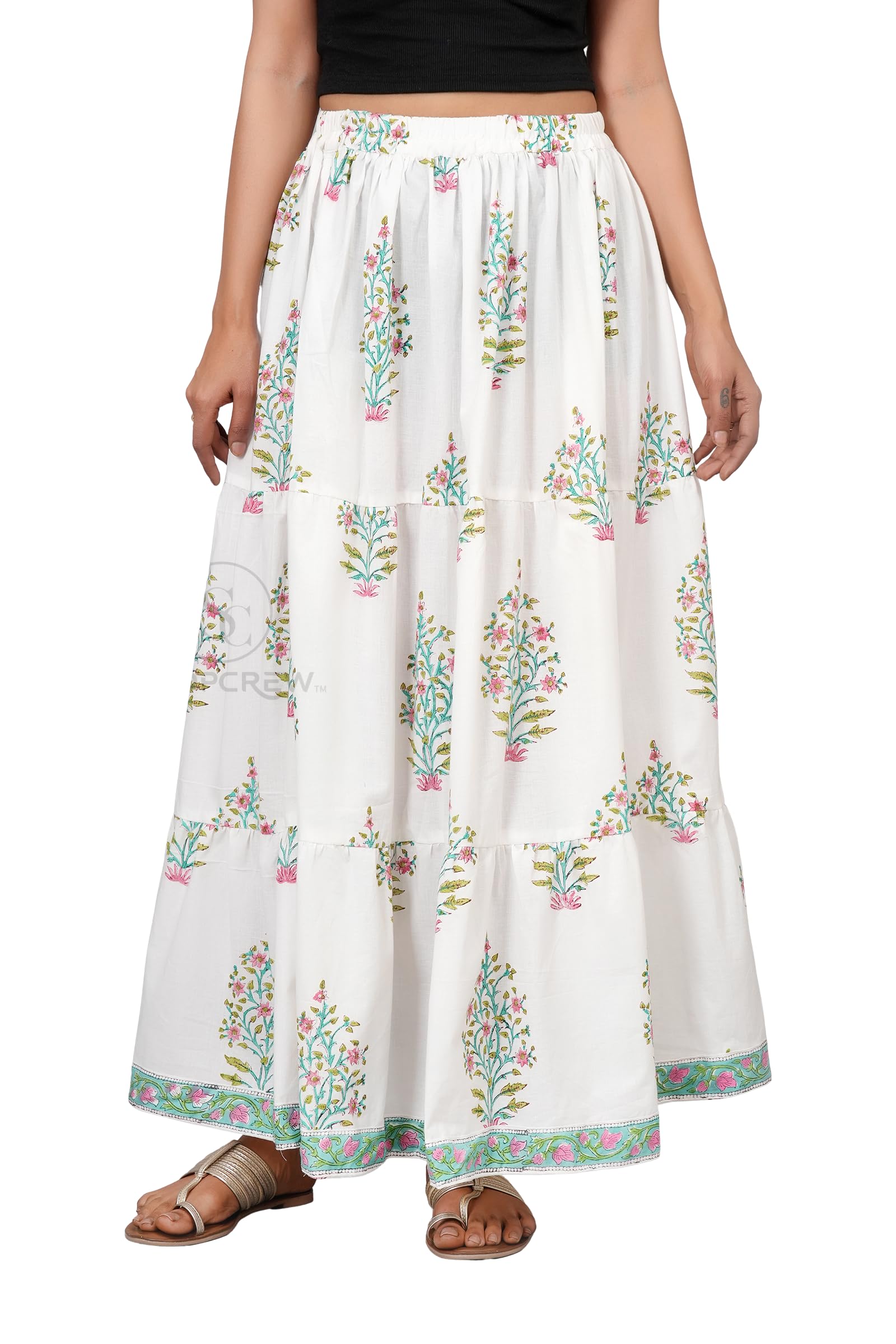 Women White Floral Block Printed Cotton Maxi Long Skirt with Elastic Waist & Tiered Flowy Fit-image-12