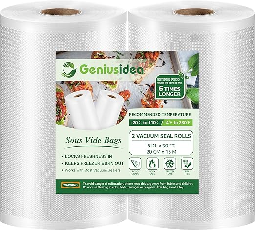 8''x50' Vacuum Sealer Bags for Food Saver (2 Pack), Commercial Grade Sealer Saver Rolls for Meal Prep or Sous Vide, BPA Free, Heavy-Duty