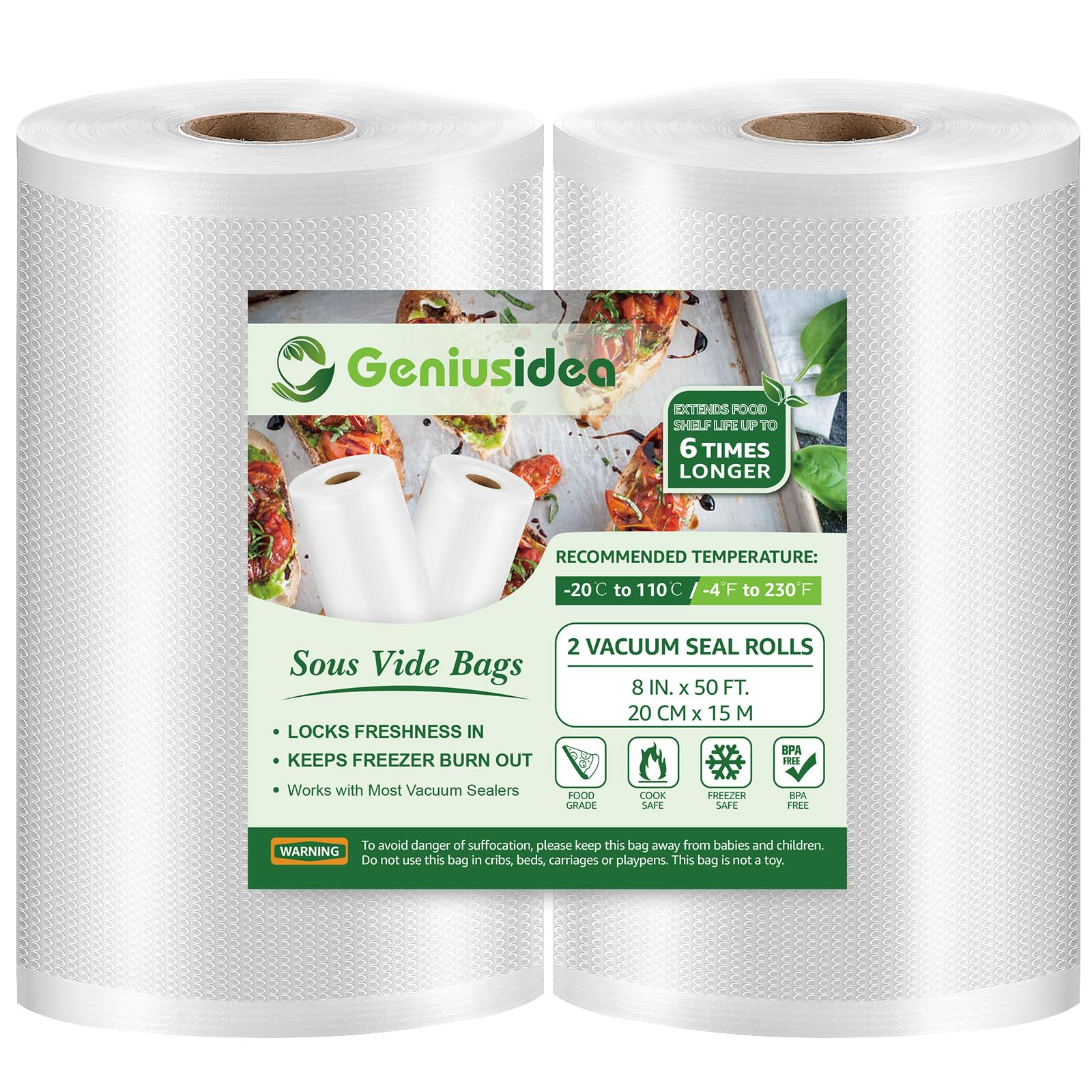 GeniusideaVacuum Sealer Bags 8''x50' 2 Pack for Food Saver, Seal a Meal, BPA Free, Commercial Grade, Custom Fit Food Saver Bags Rolls for Sous Vide, Meal Prep, Vac Storage (100 Feet in Total)