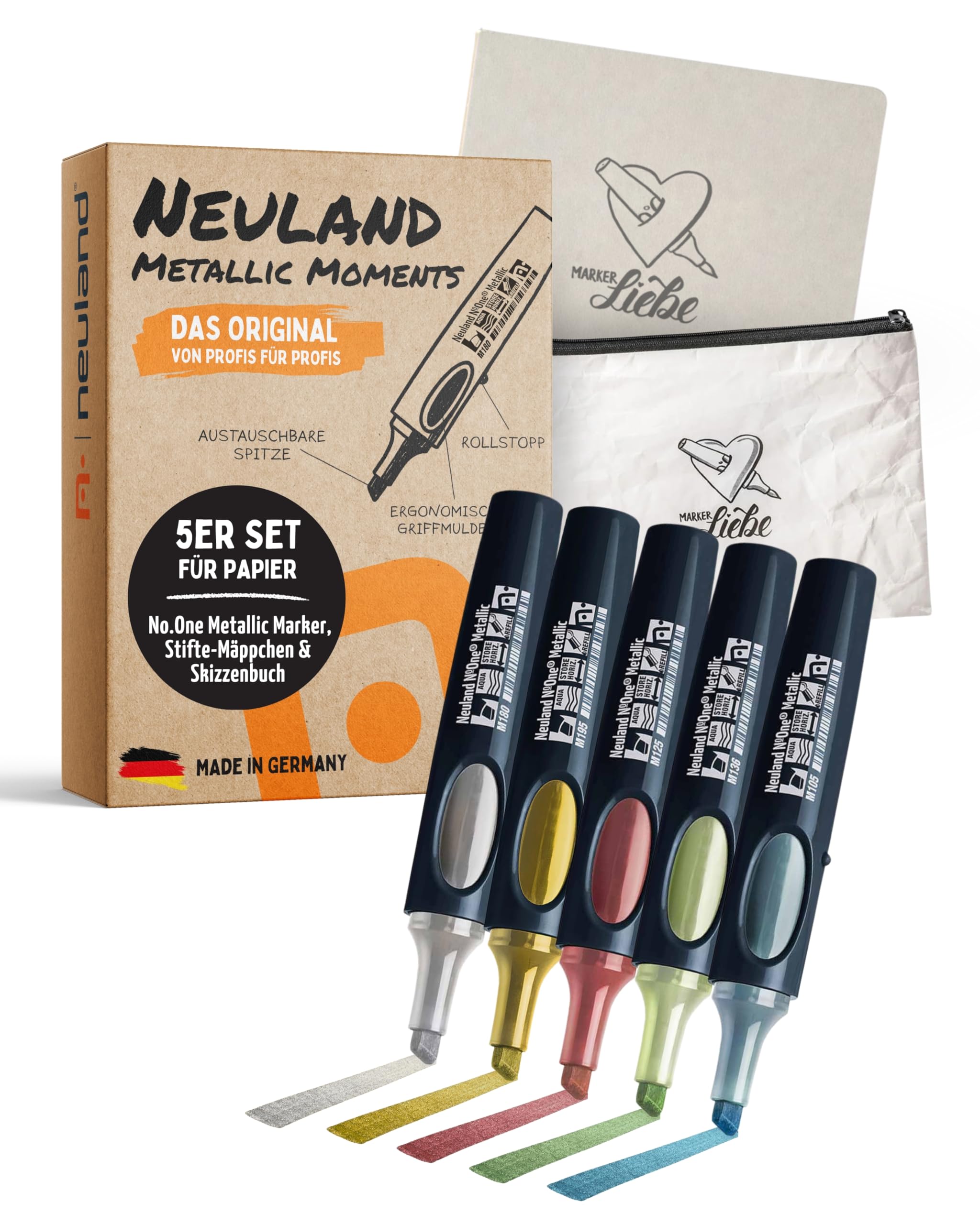 Neuland Metallic Moments Set I 5 Metallic-Marker mit Keilspitze 2-6 mm inkl. Skizzenbuch & Stiftemäppchen I Nachfüllbare, ergonomische Marker & Zubehör I Ideal für kreative Visualisierungen