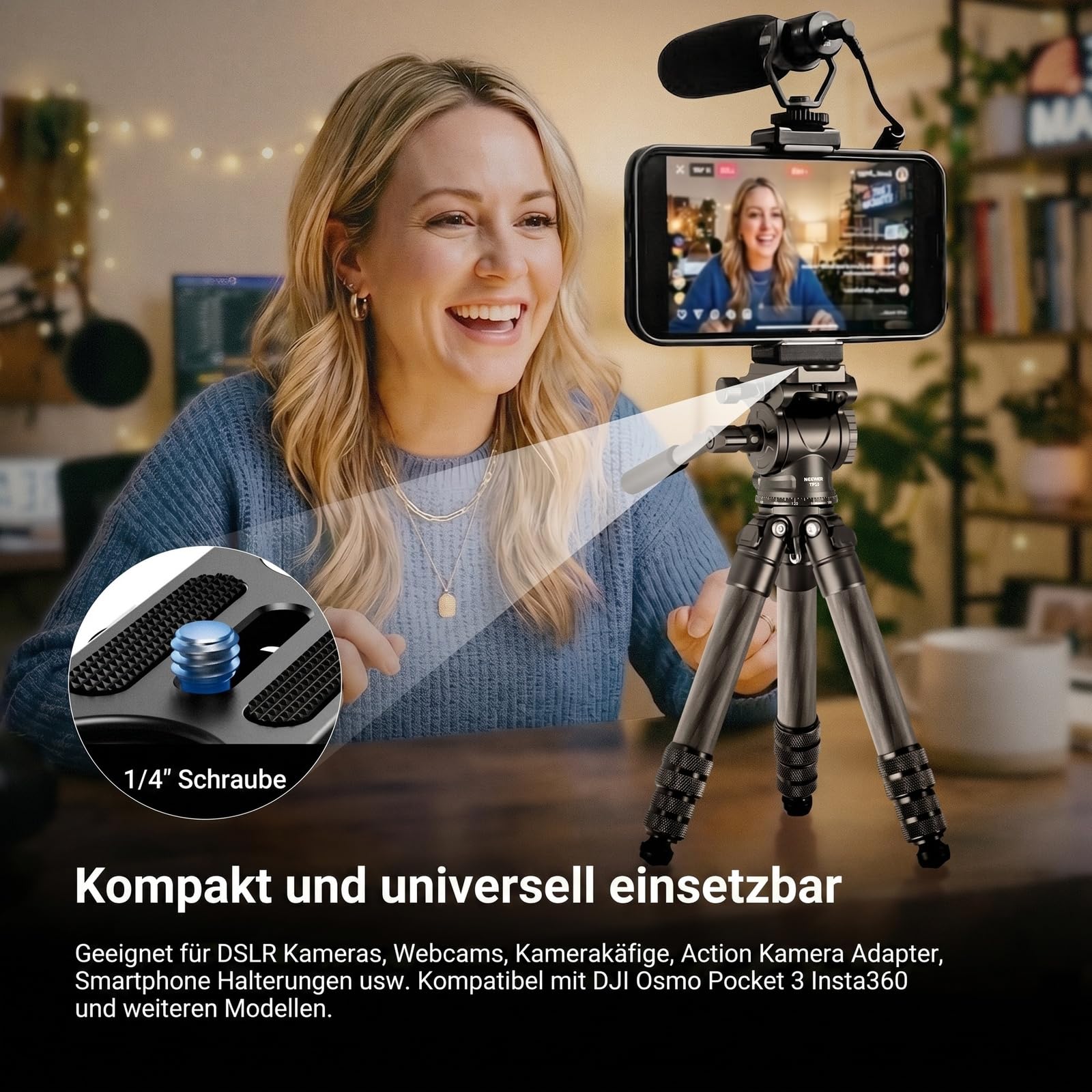 Neewer Carbonfaser Tisch Kamera Mini Stativ tragbares Tischstativ Reisestativ für unterwegs mit Fluidkopf Schnellwechselplatte für TikTok DSLR und Action Cam Video Streaming – Bild 6