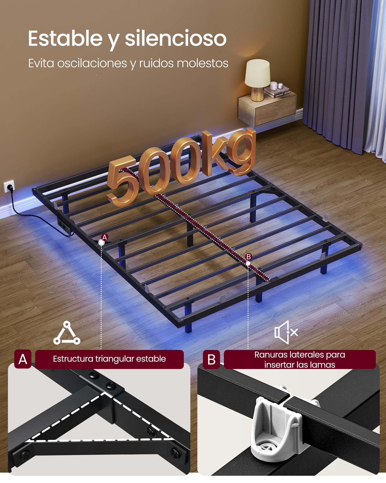 VASAGLE Marco de Cama 140 x 200 cm, Luces LED, Estación de Carga Extraíble, 2 Tomas CA, 1 Puerto USB-C, 1 Puerto USB-A, 1 en Posterior, Soporta hasta 500 kg, Negro Tinta RMB174B101