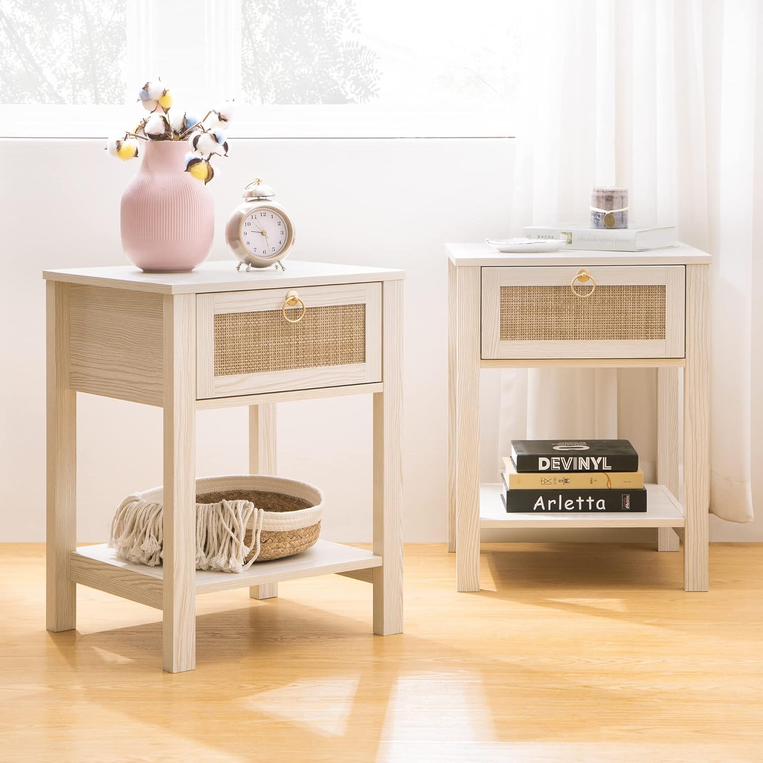 SICOTAS White Nightstand Set of 2,Rattan Decor Drawer with