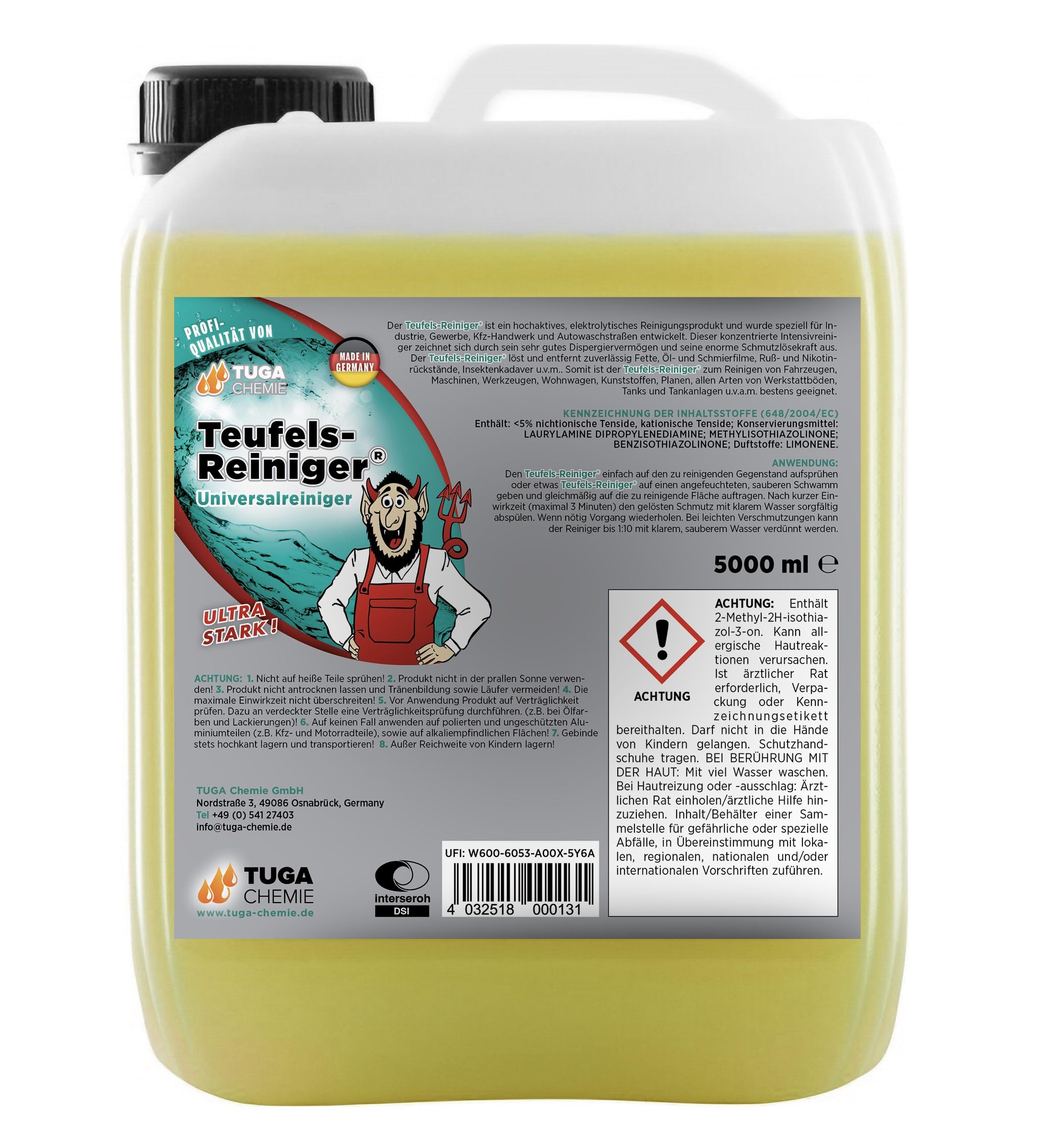 TUGA Chemie Teufels-Reiniger Universalreiniger – Säurefrei – 5 L Kanister | Kraftvoller Vorreiniger bei starker Verschmutzung am Auto – Für Haushalt & Werkstatt – Säurefrei