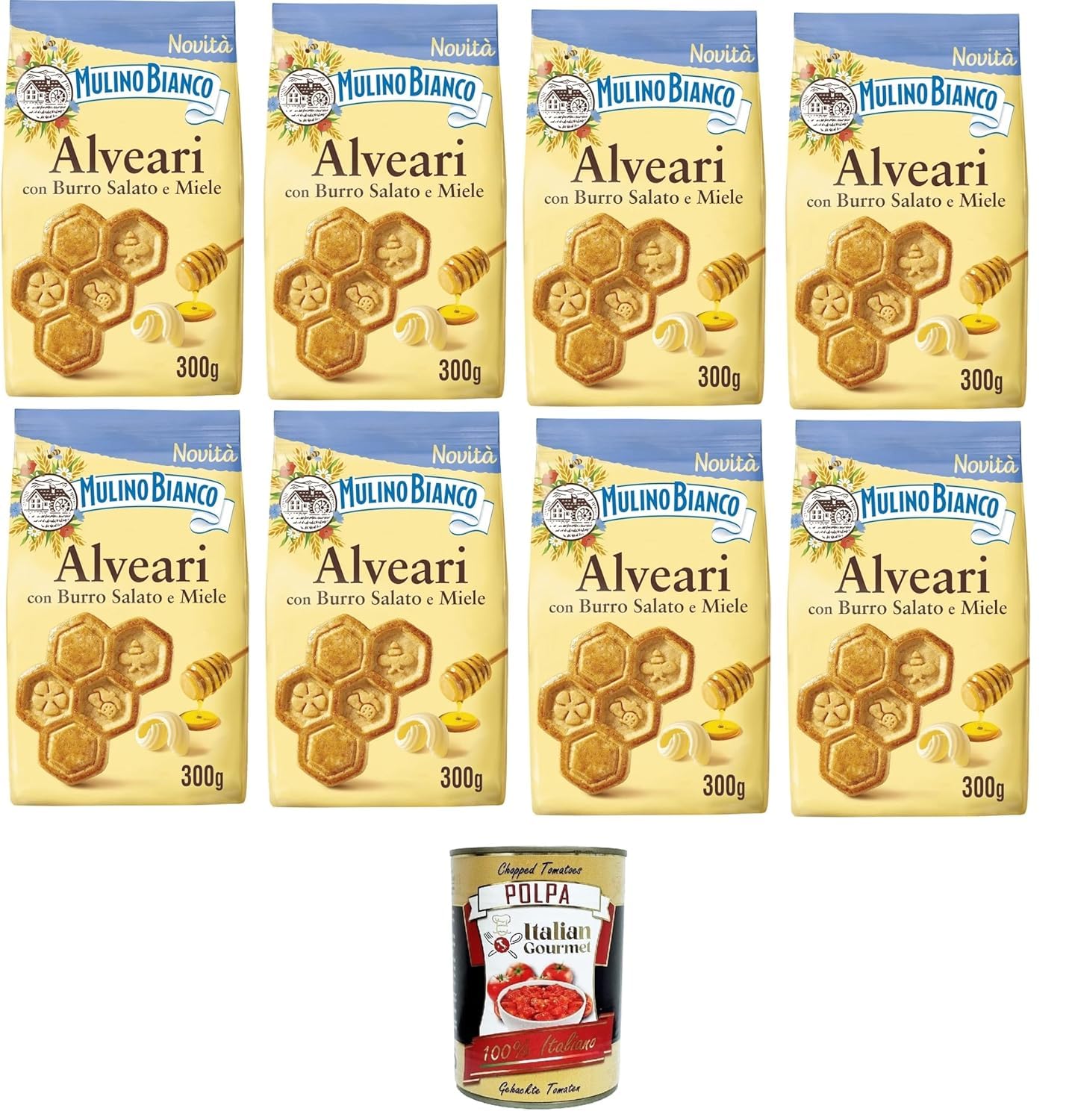 Italian Gourmet Bundle – Mulino Bianco Alveari Biscuits Italiens au Beurre Salé & Miel, Lot 8×300 g – Biscuits Croquants Petit-Déjeuner & Goûter, Saveur Miel + Italian Gourmet Polpa