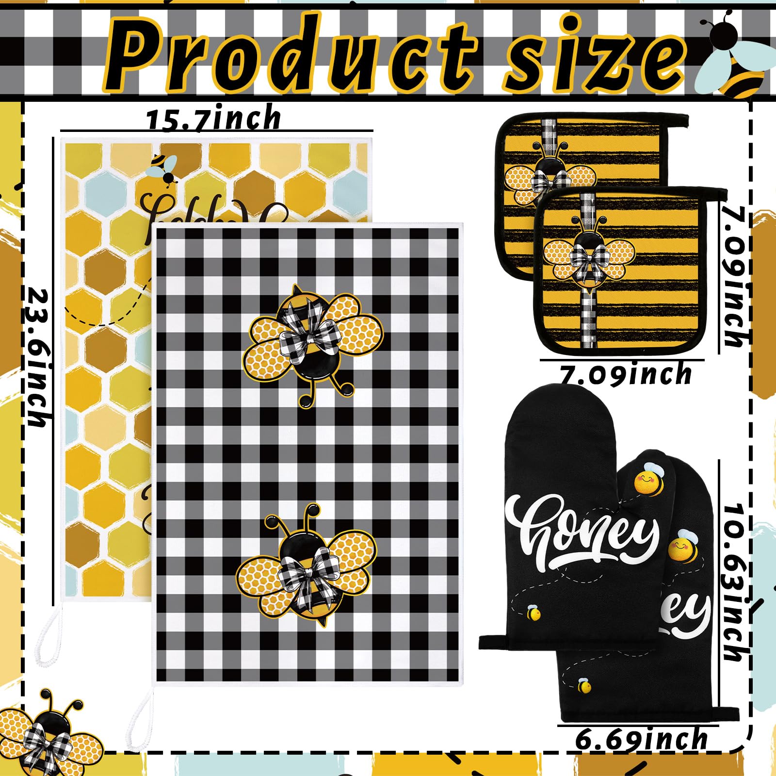 Juego de 6 toallas de cocina de abeja, decoración y accesorios de cocina, guantes florales para horno y soportes para macetas, paños absorbentes de cocina para cocinar, hornear y asar a la parrilla 3