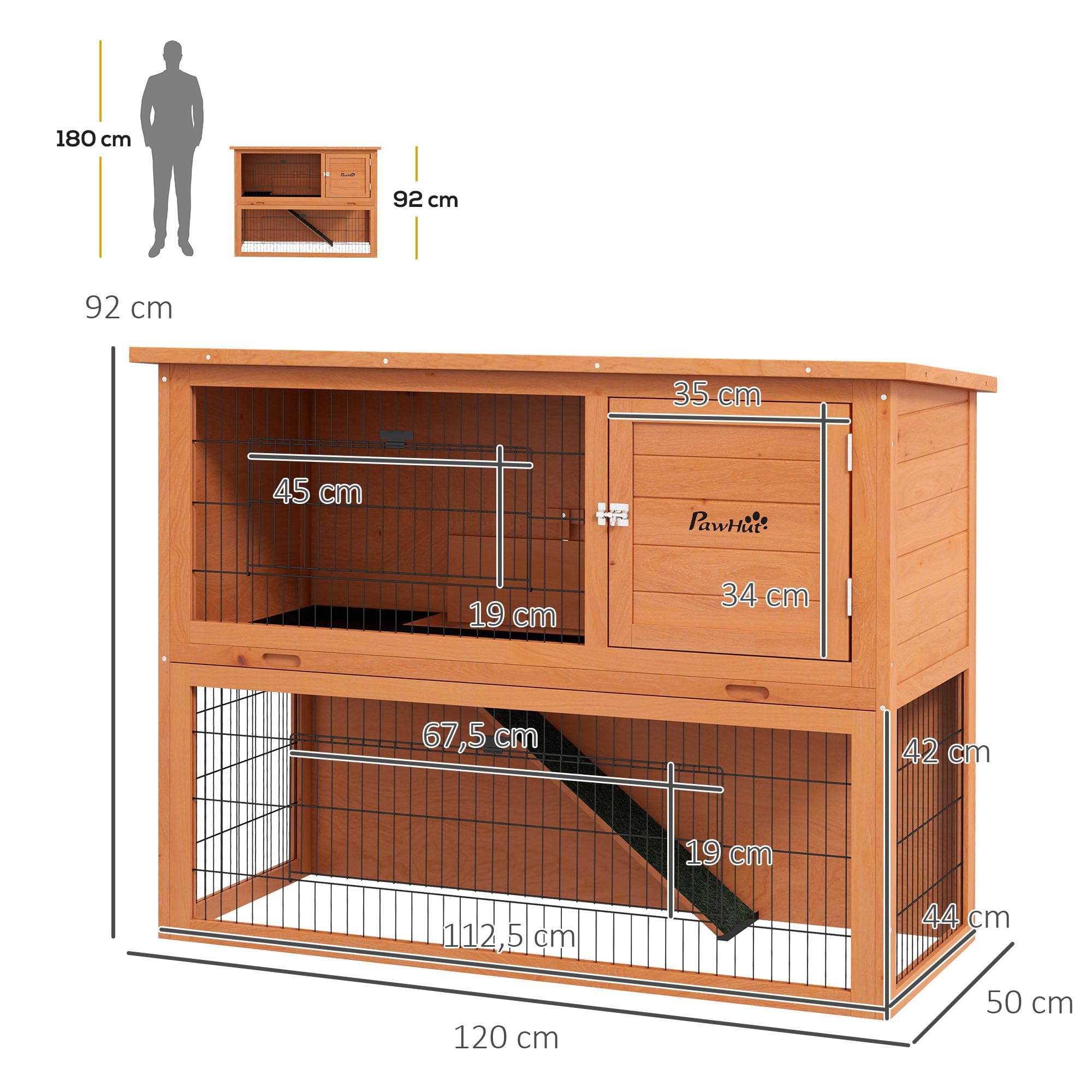 PawHut Clapier à Lapin Cage à Lapin 2 étages avec 3 Portes verrouillables Plateau Coulissant Rampe et Toit bitumé Bois Massif, 120 x 50 x 92 cm, Orange