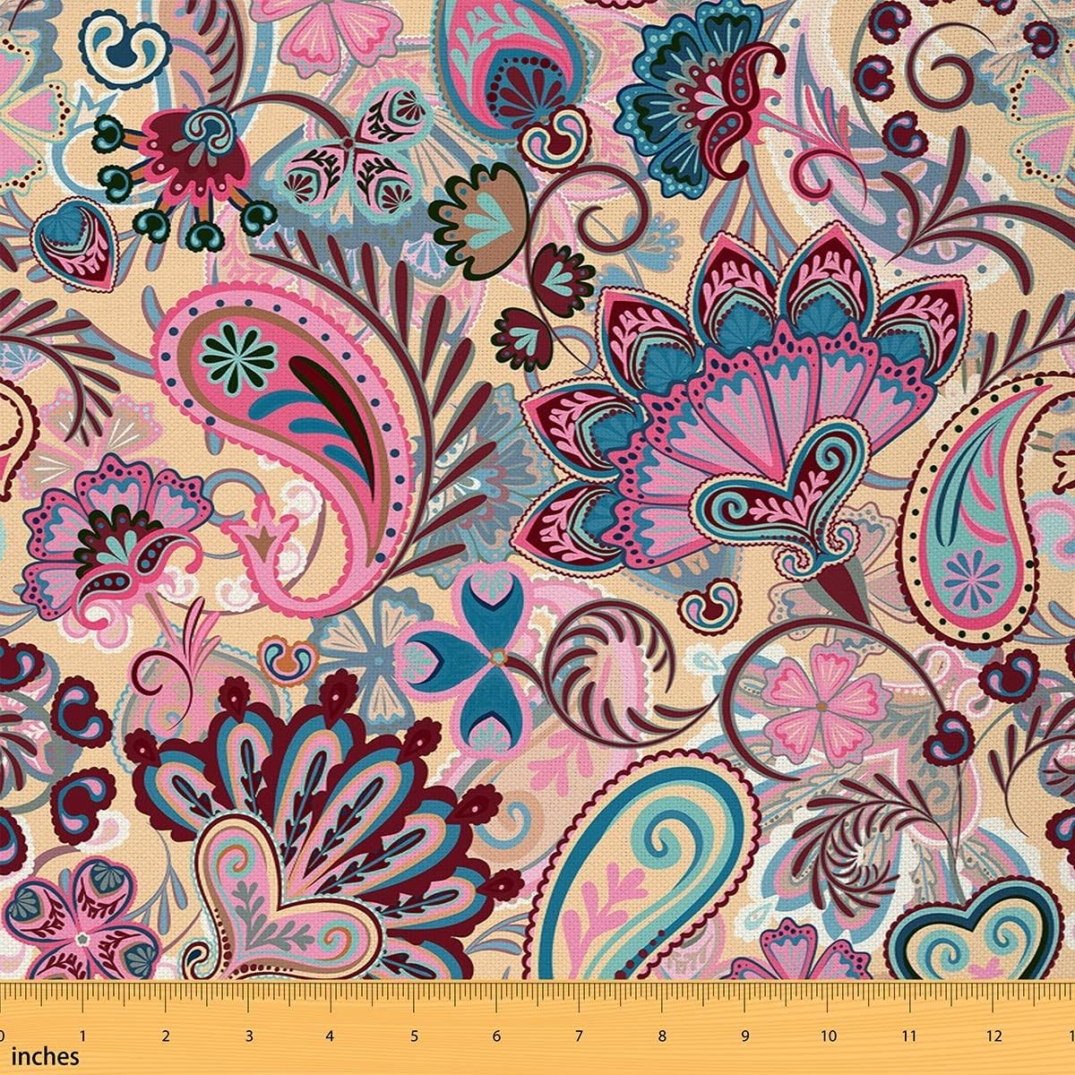 Paisley Waterproof Fabric by The Yard Traditional Indian Watercolor Flower Plants Decor Fabric for Upholstery Home DIY Projects Hand Drawn Pink Outdoor Upholstery Fabric,5 Yards