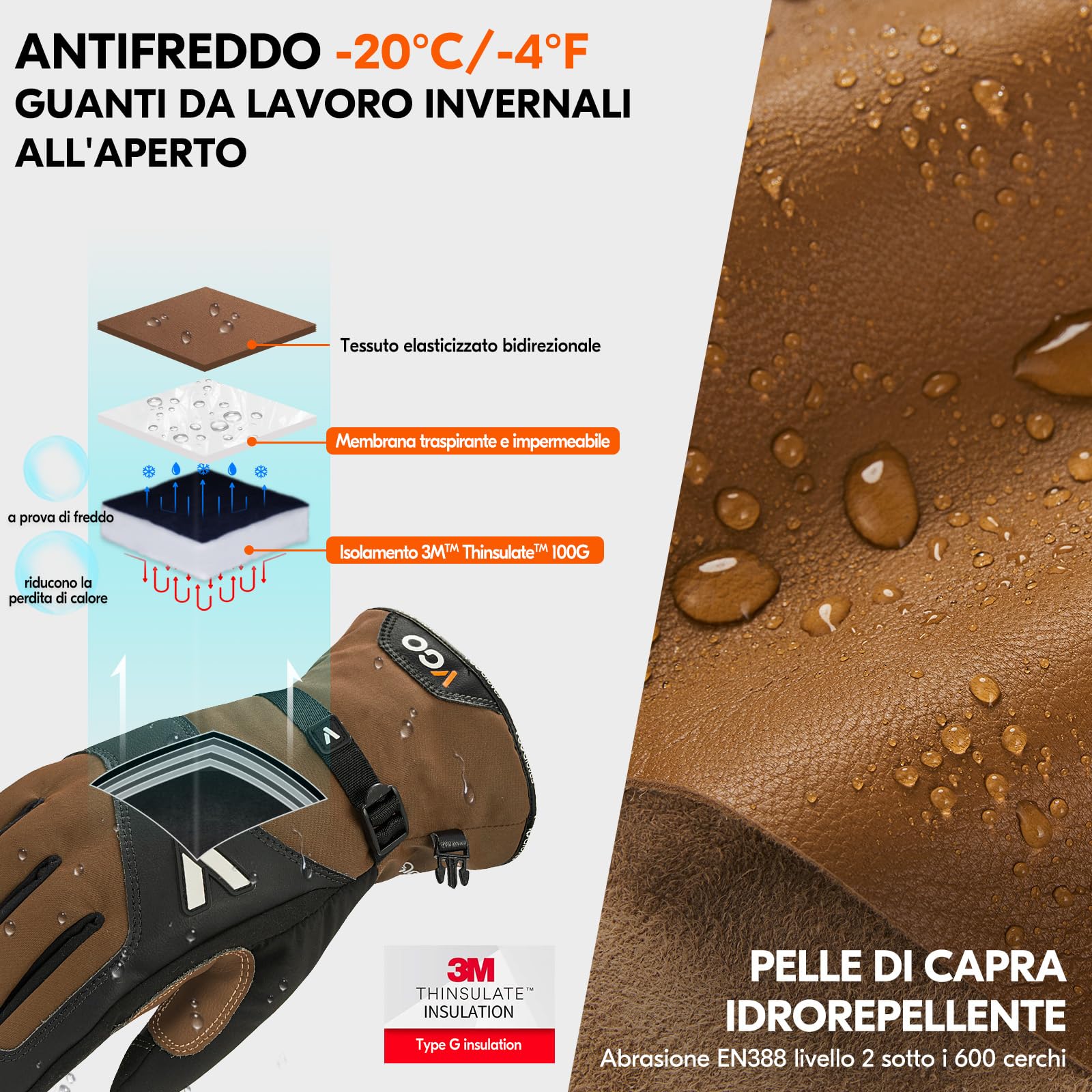 Vgo... Invernali Guanti Uomo Impermeabili, Termici Guanti Touchscreen -20C° Multifunzioni per Magazzino Frigo Scooter Legnameria Sci d'Inverno, 1 paio