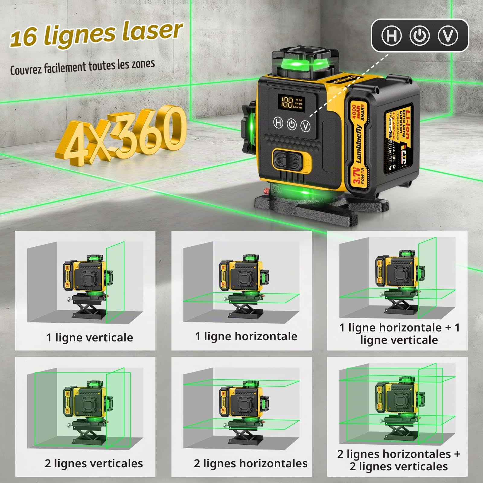 Niveau Laser avec Trepied 4 x 360°, 4D 16 Lignes Laser Chantier avec 2x4800mAh Batterie, Niveau Laser 360 Autonivelant avec Affichage LED, Télécommande, APP, IP54 Étanche et Anti-Poussière