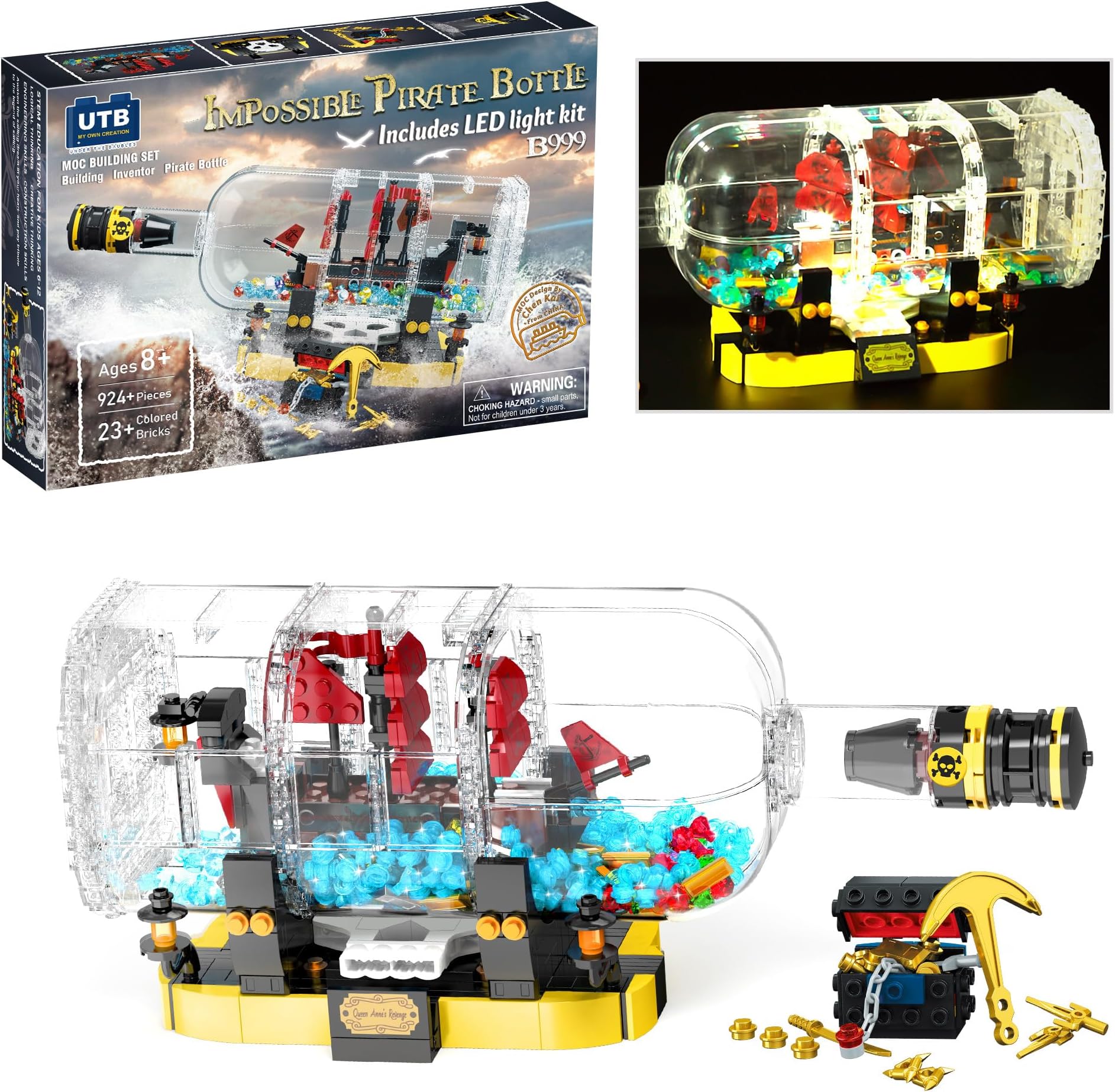 Under the Baubles Pirate Ship in a Bottle with LED Light Toy Building Sets for Adults (924 Pcs), Unique Home Decor, for Him Her Women, Men, Boys and Girls