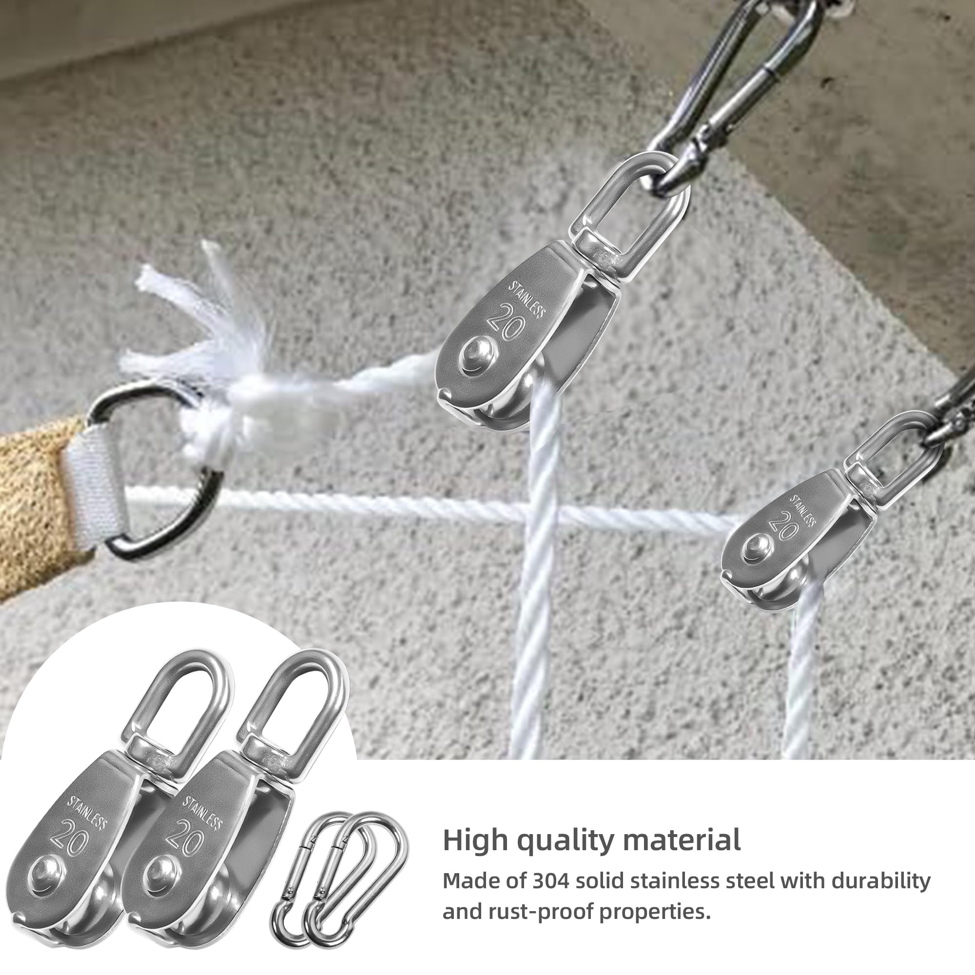 10 pulegge singole M20 in acciaio inossidabile 304 M20 pulegge per corda, piccola puleggia singola con 10 ganci a molla, ruota di traino per funi metalliche