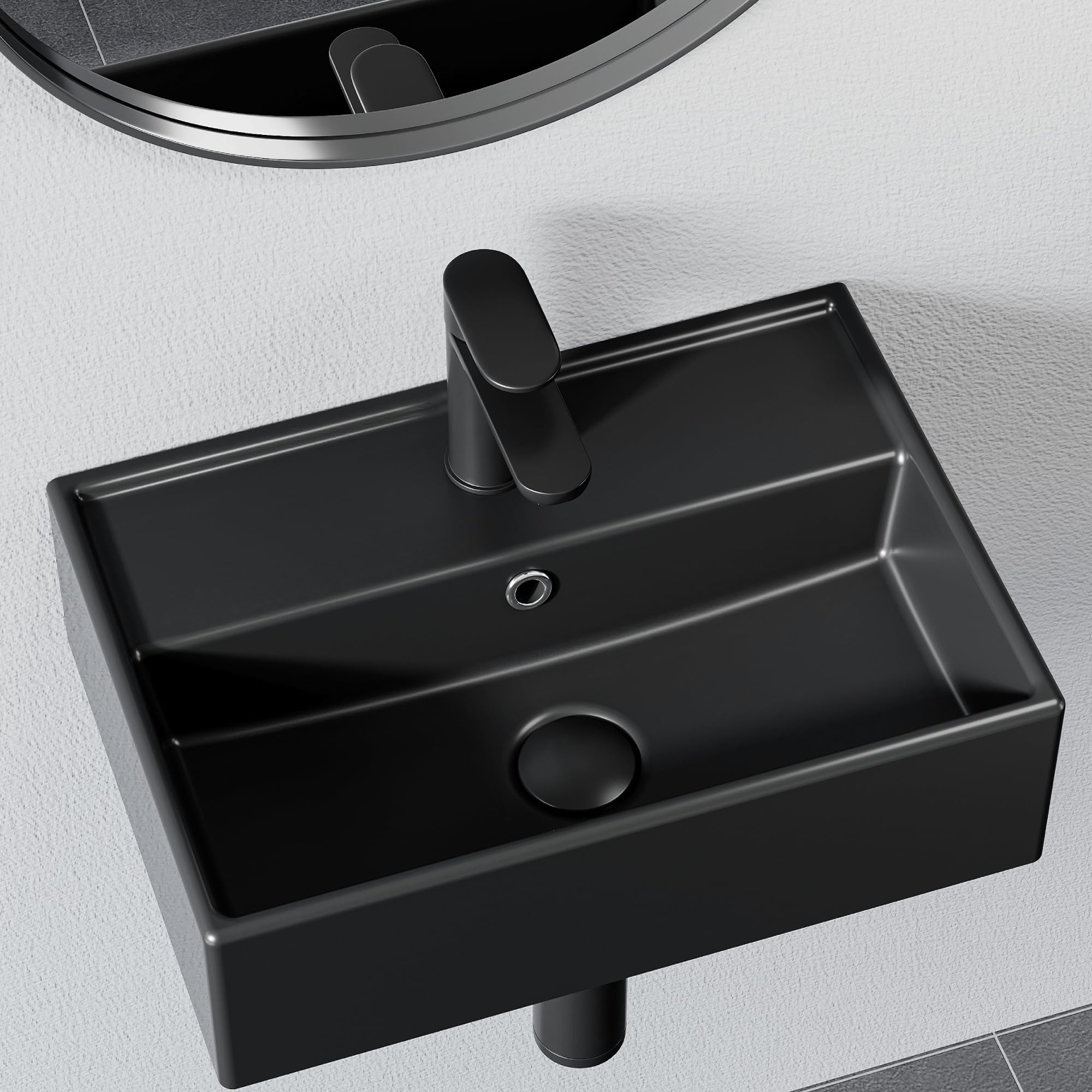 HOROW Lavandino da bagno in ceramica (nero, 45 x 31 cm) – Lavello rettangolare da appoggio/parete | bordo rialzato e superficie inclinata | bordo sottile e sporgenza | per piccoli bagni, guardaroba