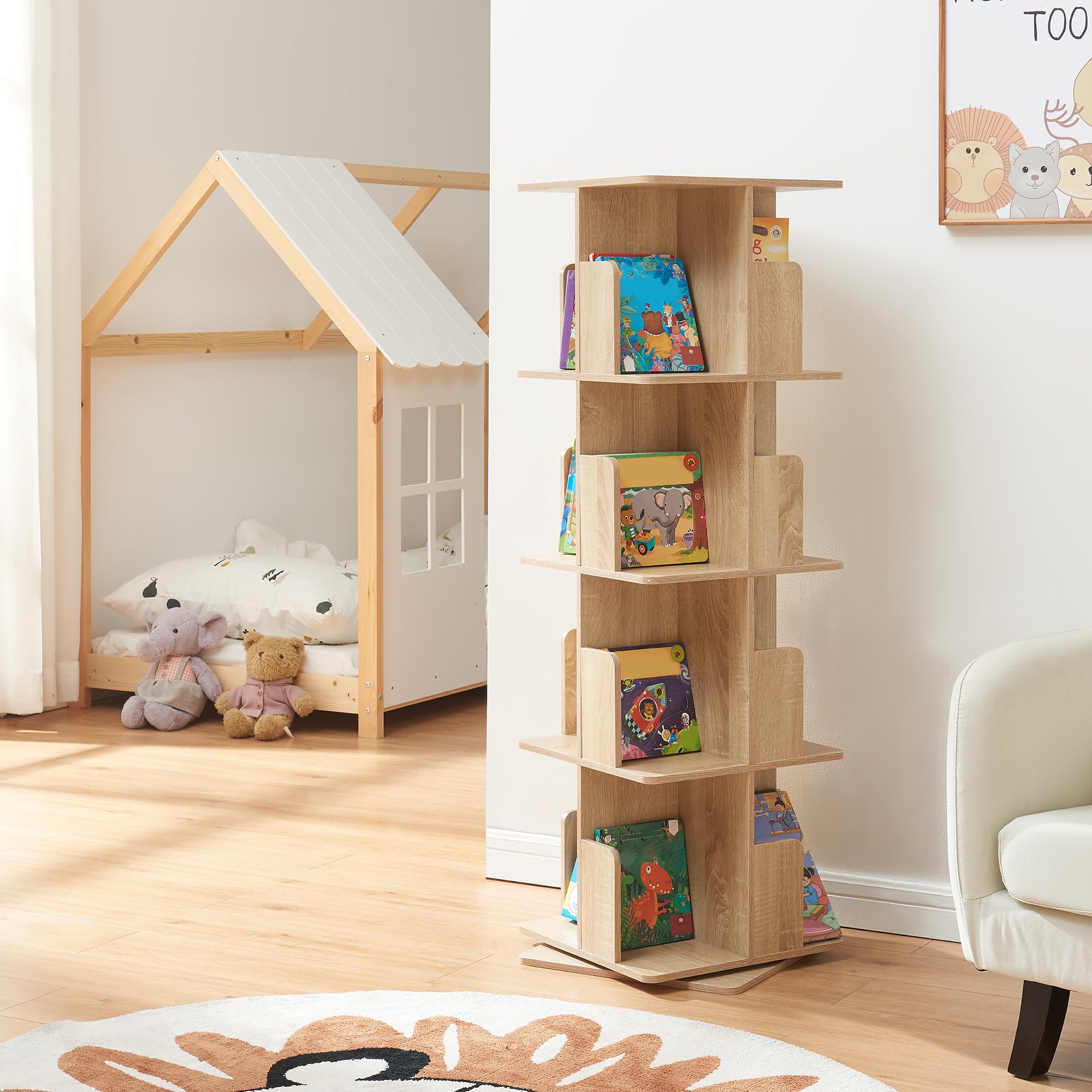 [en.casa] Libreria Girevole per Cameretta Scaffale Rotante per Bambini con 4 Livelli Mobile Porta Libri Salvaspazio 129 x 40 x 40 cm Effetto Rovere