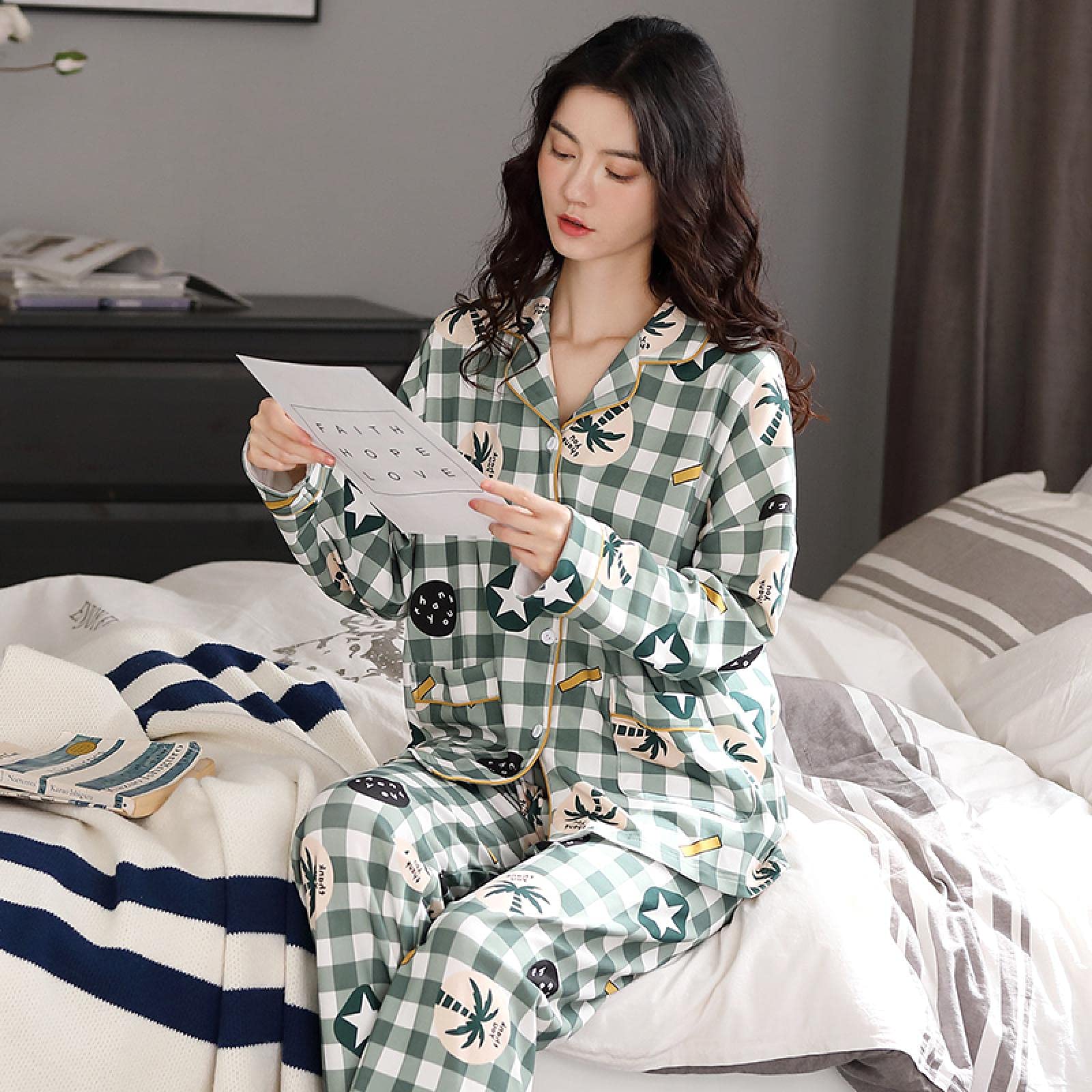 Pigiama Pigiama Set Pigiama Manica Lunga per Donna Abbottonatura Pigiama Taglie Forti Morbido Pigiama Set XL Verde