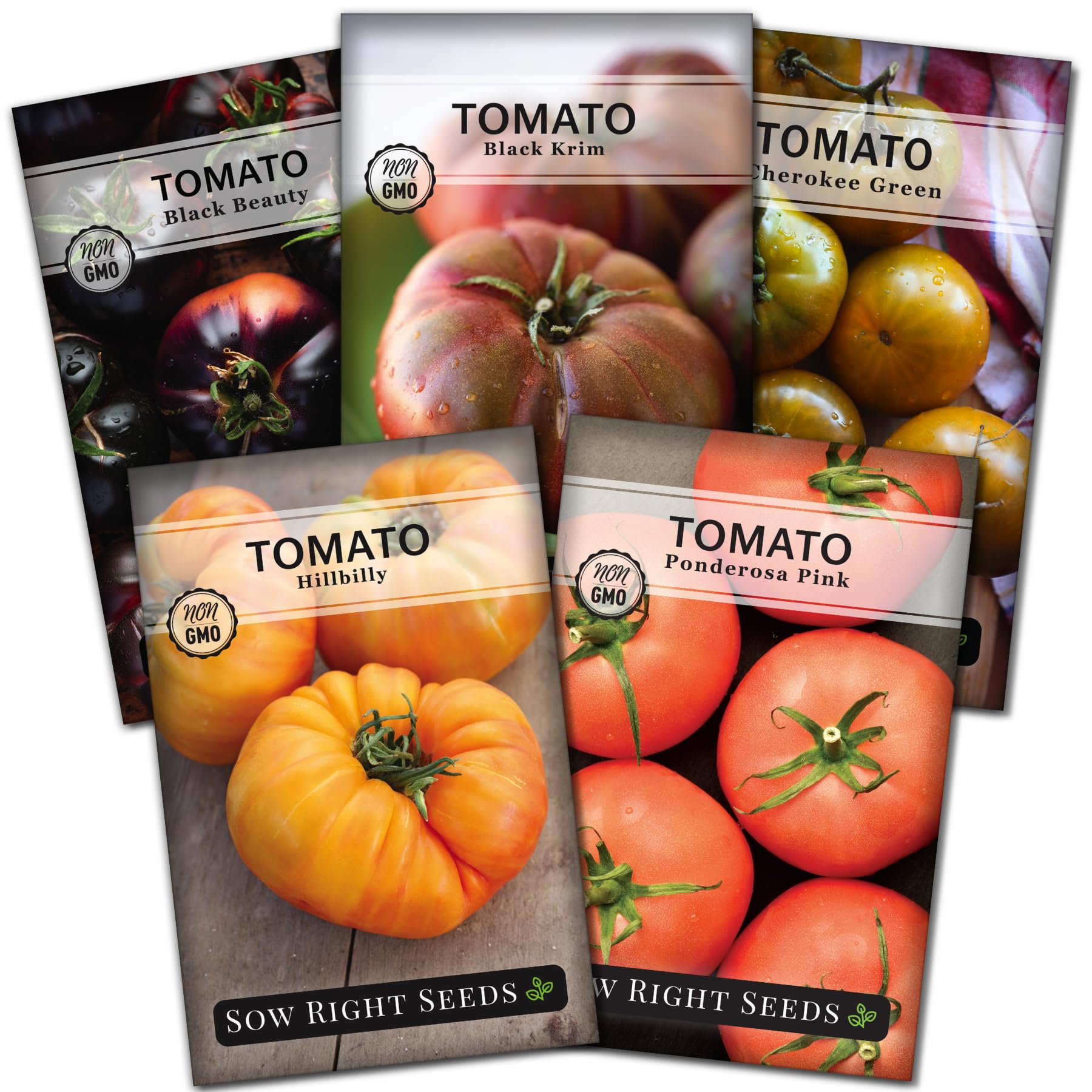 Sow Right Seeds - Rare Colorful Heirloom Tomato Seed Collection for Planting - Cherokee Green, Black Krim, Hillbilly, Black Beauty, Ponderosa Pink - Non-GMO Varieties to Plant a Home Vegetable Garden