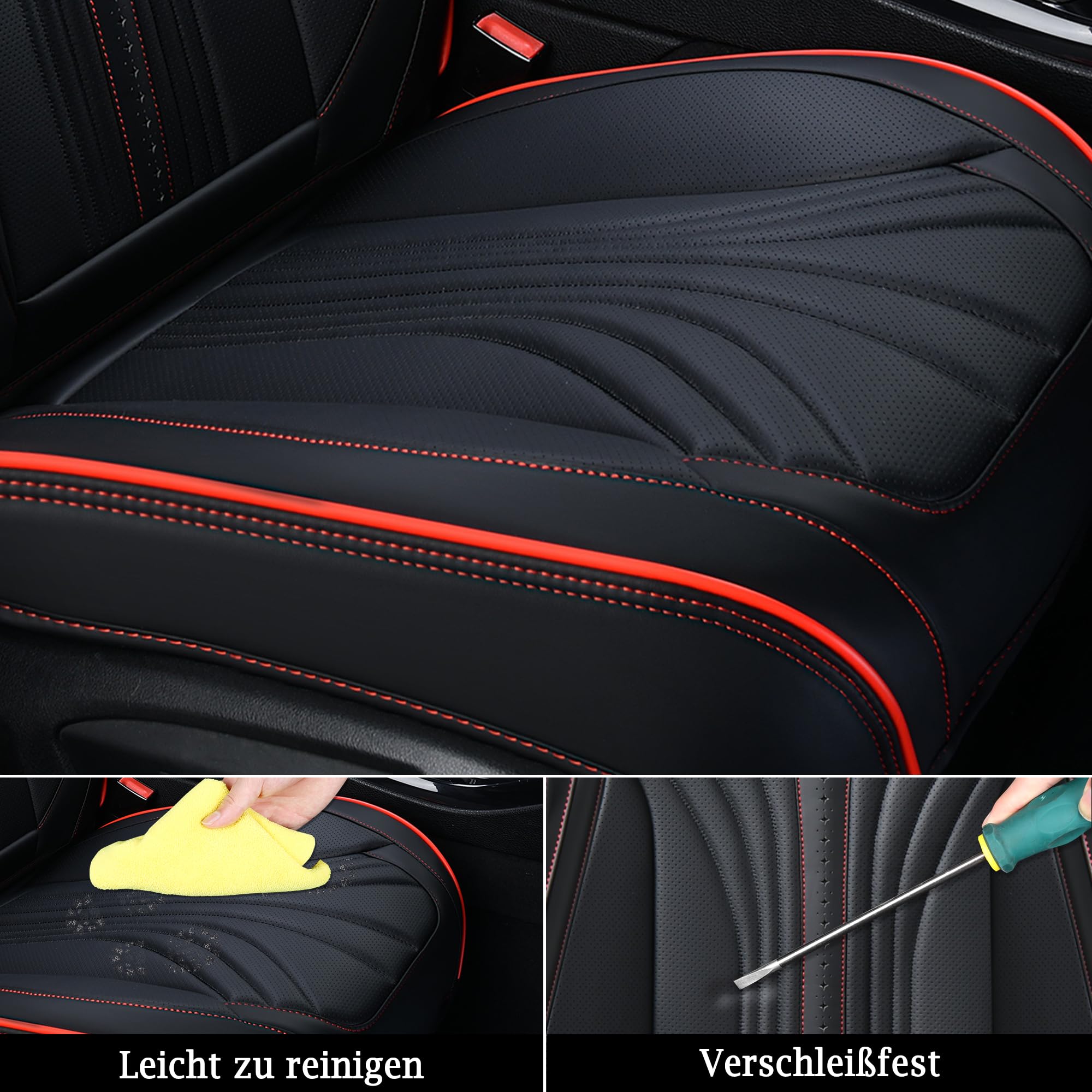 FLORICH Autositzbezüge Set PU Leder Vordersitze und Rückbank, wasserdichte Autositzauflage Universelle Passform für 95% Limousine, SUV, Pickup, Van (Komplettset, Schwarz&Rot Linie)