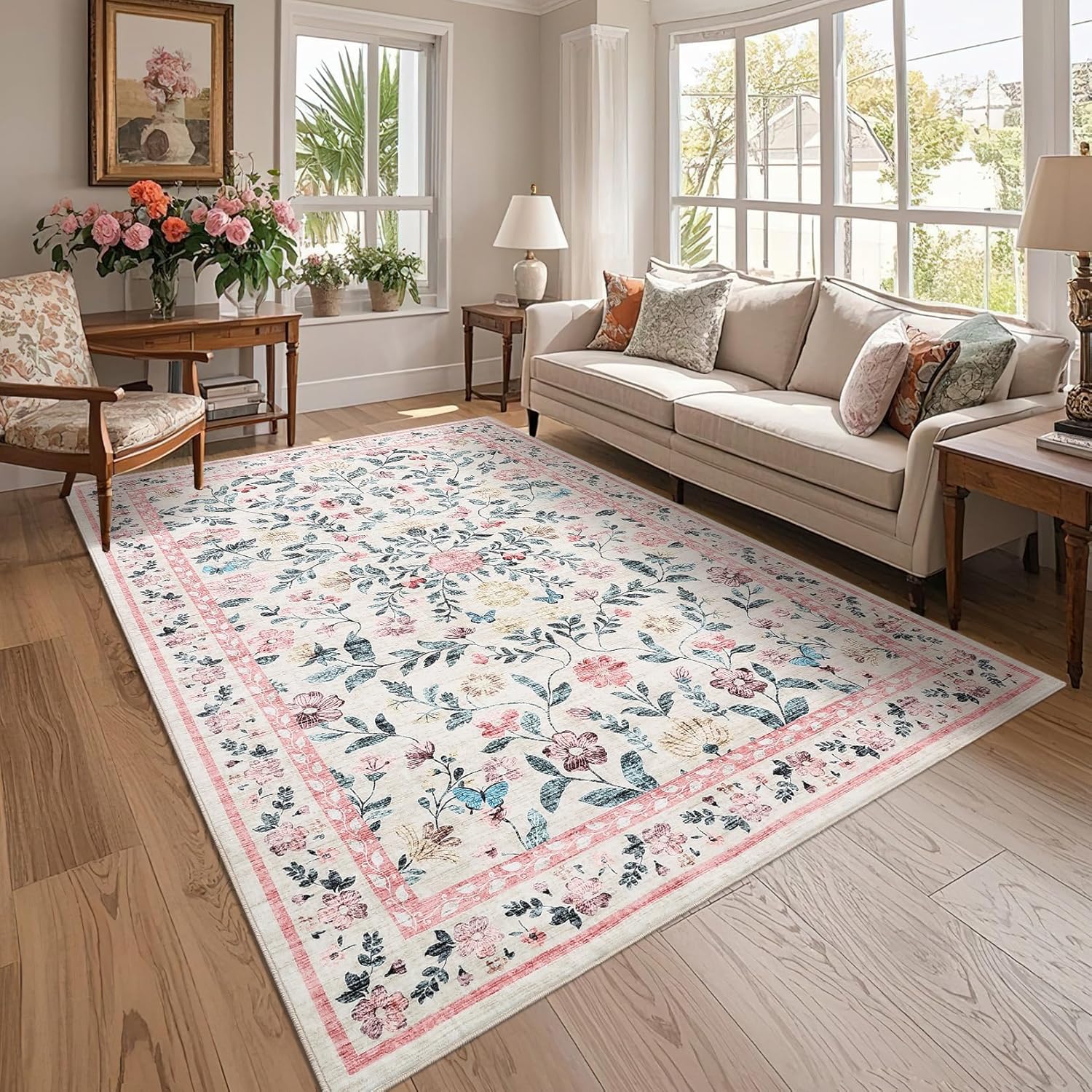 GarveeHome Washable Area Rug 8 x 10 Non-Slip Soft Vintage Living Room Rug, Low Pile Farmhouse Floral Carpet, Non-Shedding Foldable Printed Rugs for Home Office Kids Playroom, Pink Pink 8' x 10' (Rectangular)