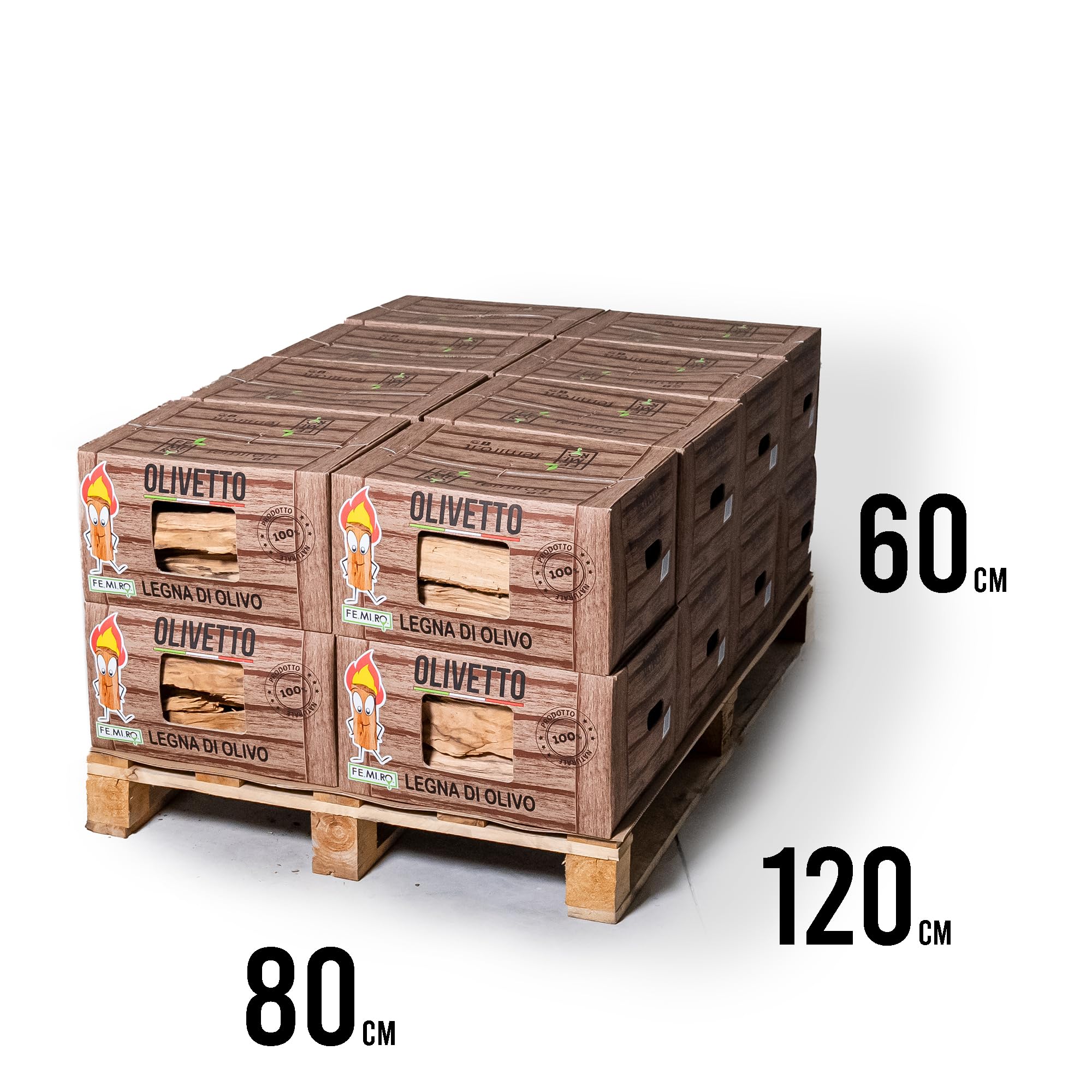 OLIVETTO FEMIRO Legna da Ardere di Olivo in scatole da 10 Kg su Bancale in Scatole di Cartone. Ideale per camini, stufe, forni, pizzerie e barbecue. Confezioni da 10 a 480 kg. (80 Kg)