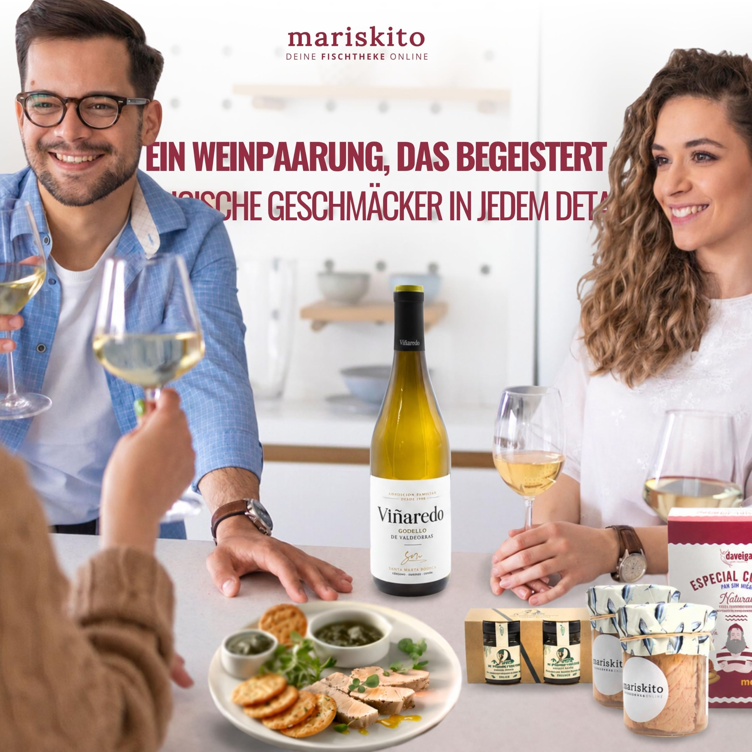MARISKITO | Geschenkbox mit galizischen Gourmetprodukten – Paket mit Weißem Thun, süß-scharfer Paprikamarmelade und einer Flasche Wein – Weihnachtspräsente, Jubiläen, Feiern – La Mar de Bonito