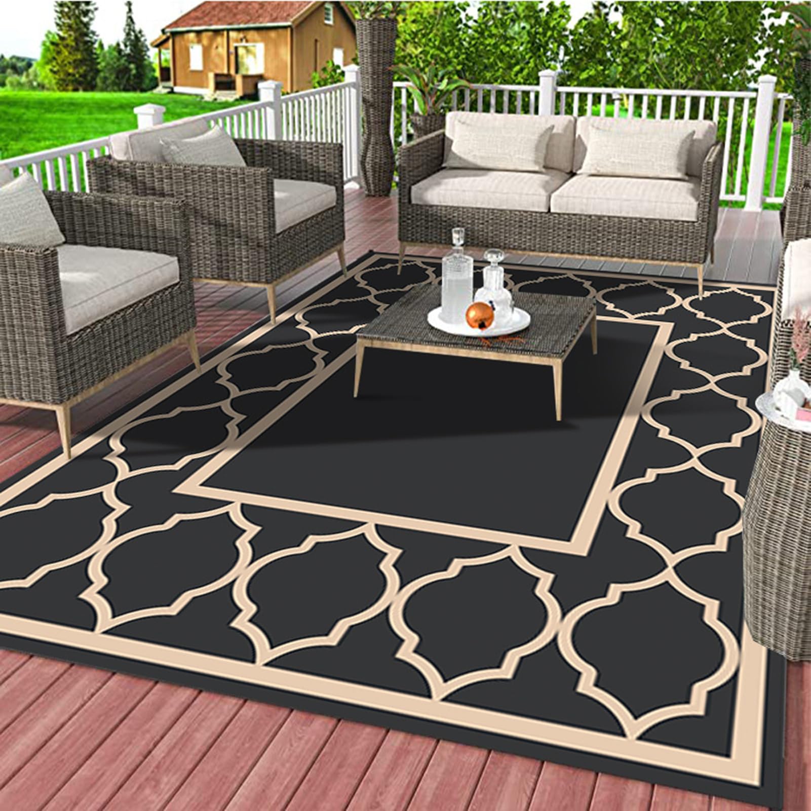 HGTRH Patio Door Rugs Outdoor Indoor, 5x7 Indoor Outdoor Area Rug Geometric Designs, Outdoor Deck Carpet For Under Patio Table Non Slip Outdoor Rugs Foldable for Garden, Balcony, RV, Camping