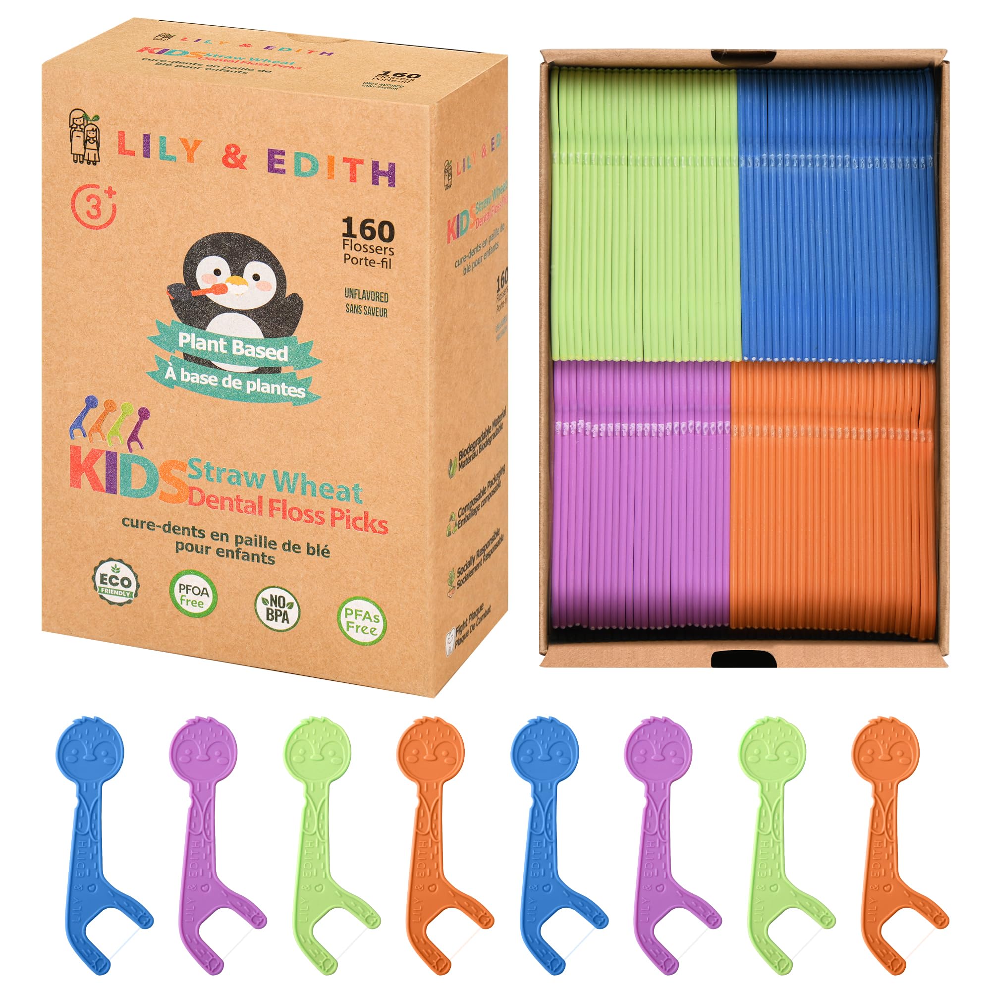 LILY & EDITH Straw Wheat Kids Flossers 160ct, Plant Based Dental Floss Picks for Children, Fluoride & Chemical Free(PFA Free), Penguin Flossing Sticks