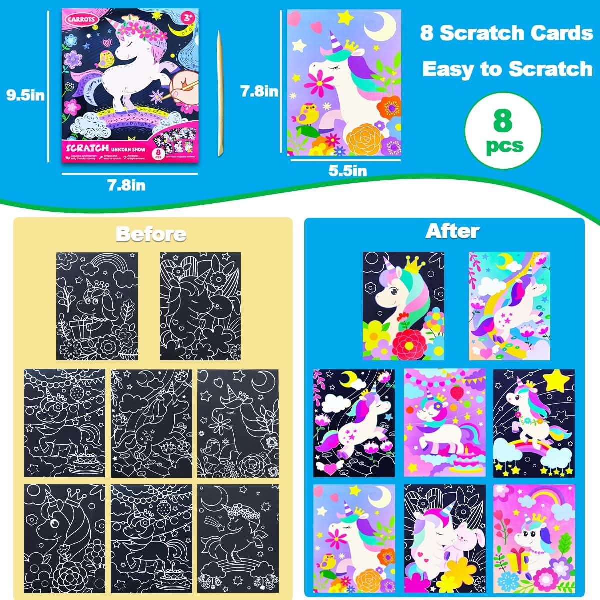 Kit de Scratch Art Licorne pour Enfants - Cartes à Gratter Papier