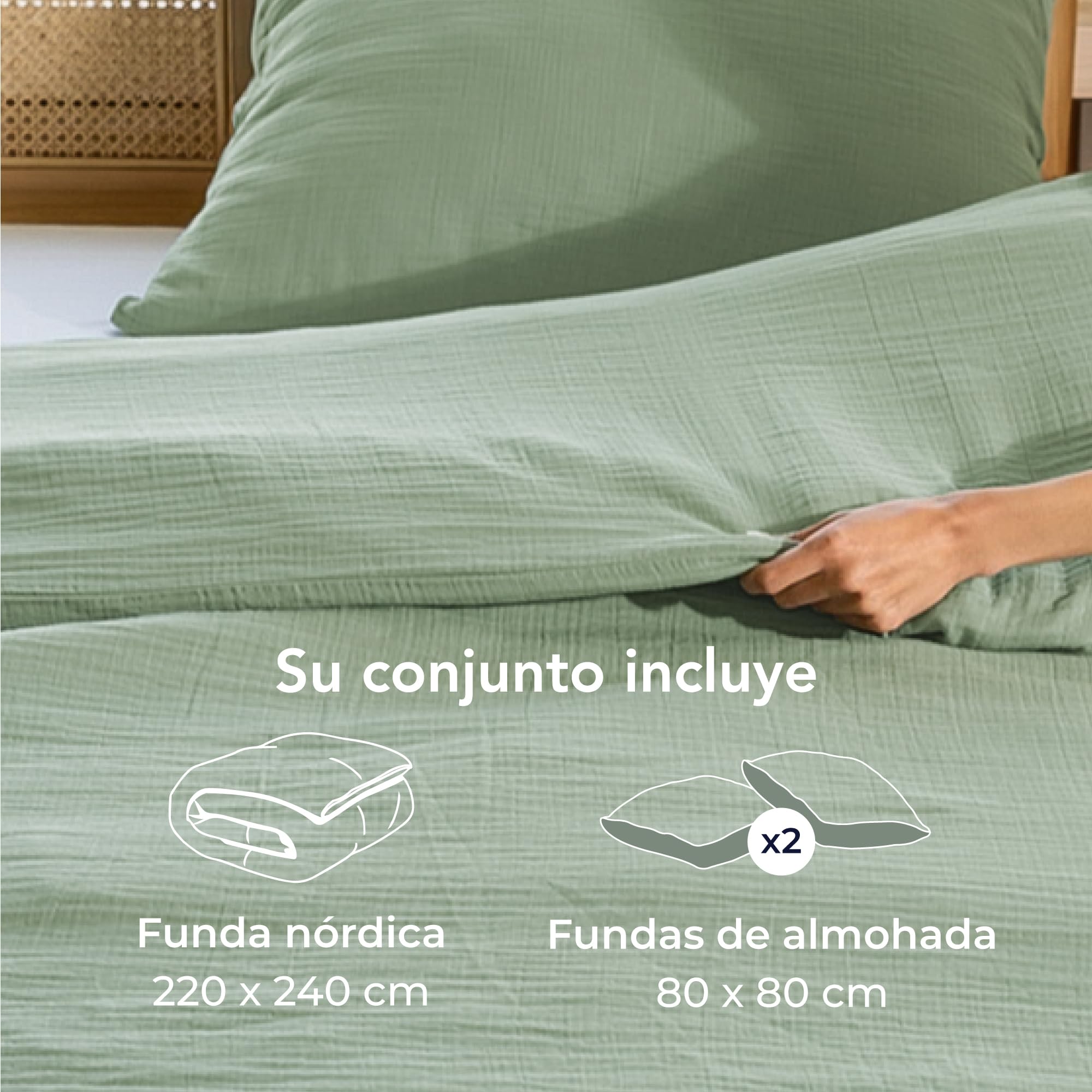 Dreamzie Funda Nordica Cama 200 Algodon - Juego de Cama con Funda de Edredón 220x240 y 2 Fundas de Almohada 80x80 cm - Blanco - Tejido de Muselina - Certificada Oeko-Tex