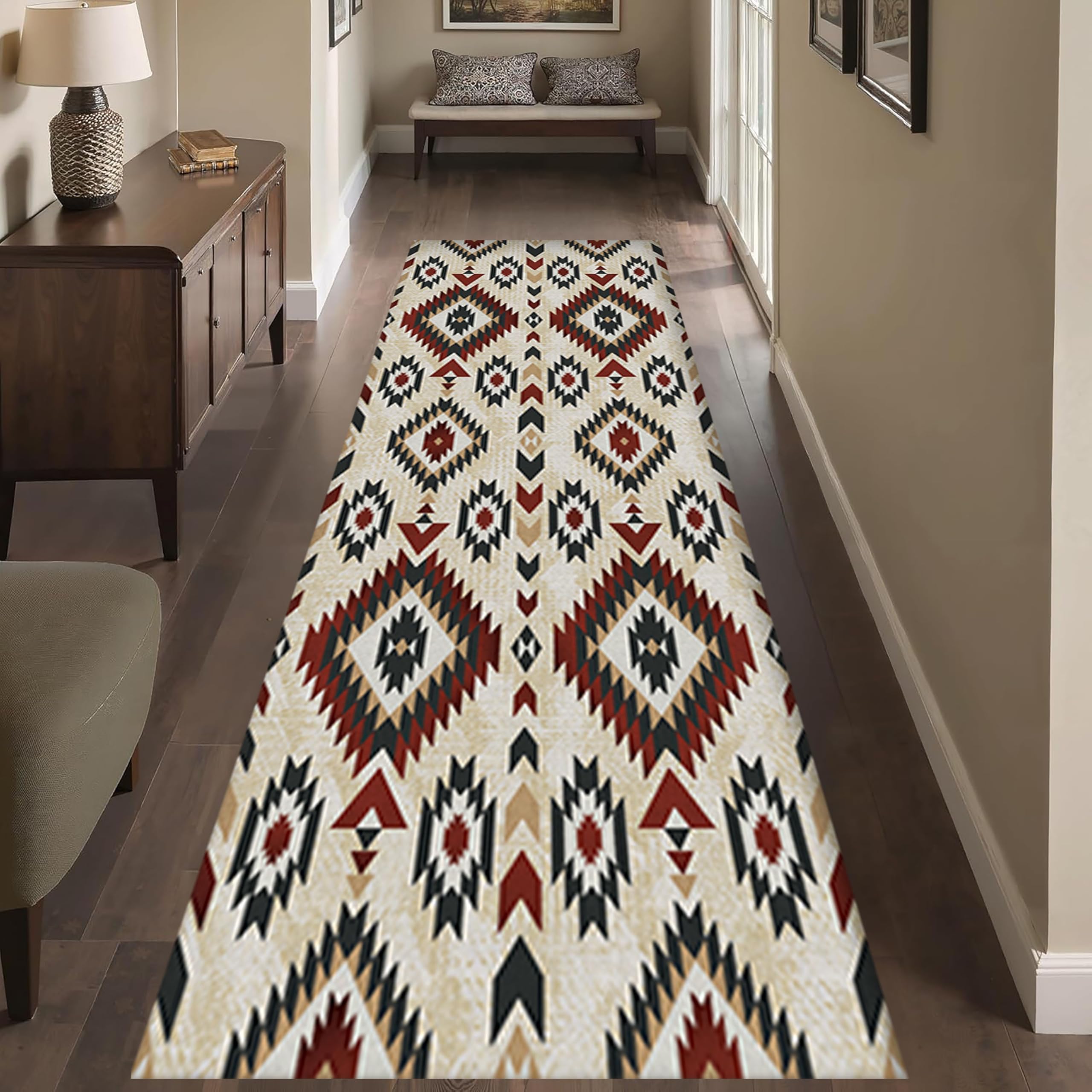 Moroccan Geometric Bohemian Rug, 2x8ft, Beige Distressed Multicolor Geometric Print Farmhouse Decor Runner Rug, Luxury Soft Absorbent Large Carpet Rug