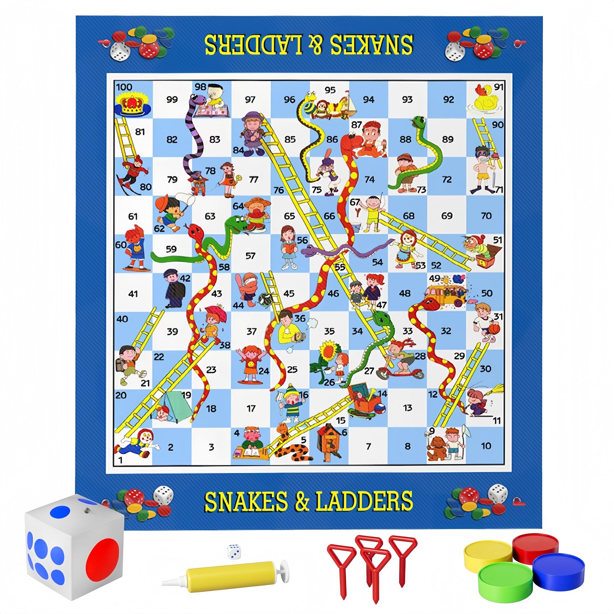 Giant Snakes and Ladders Floor Game for Kids - 5.8 ft Extra-Large Indoor Outdoor Mat with Game Pieces & Inflatable Dice, Family Night Board Game Set,