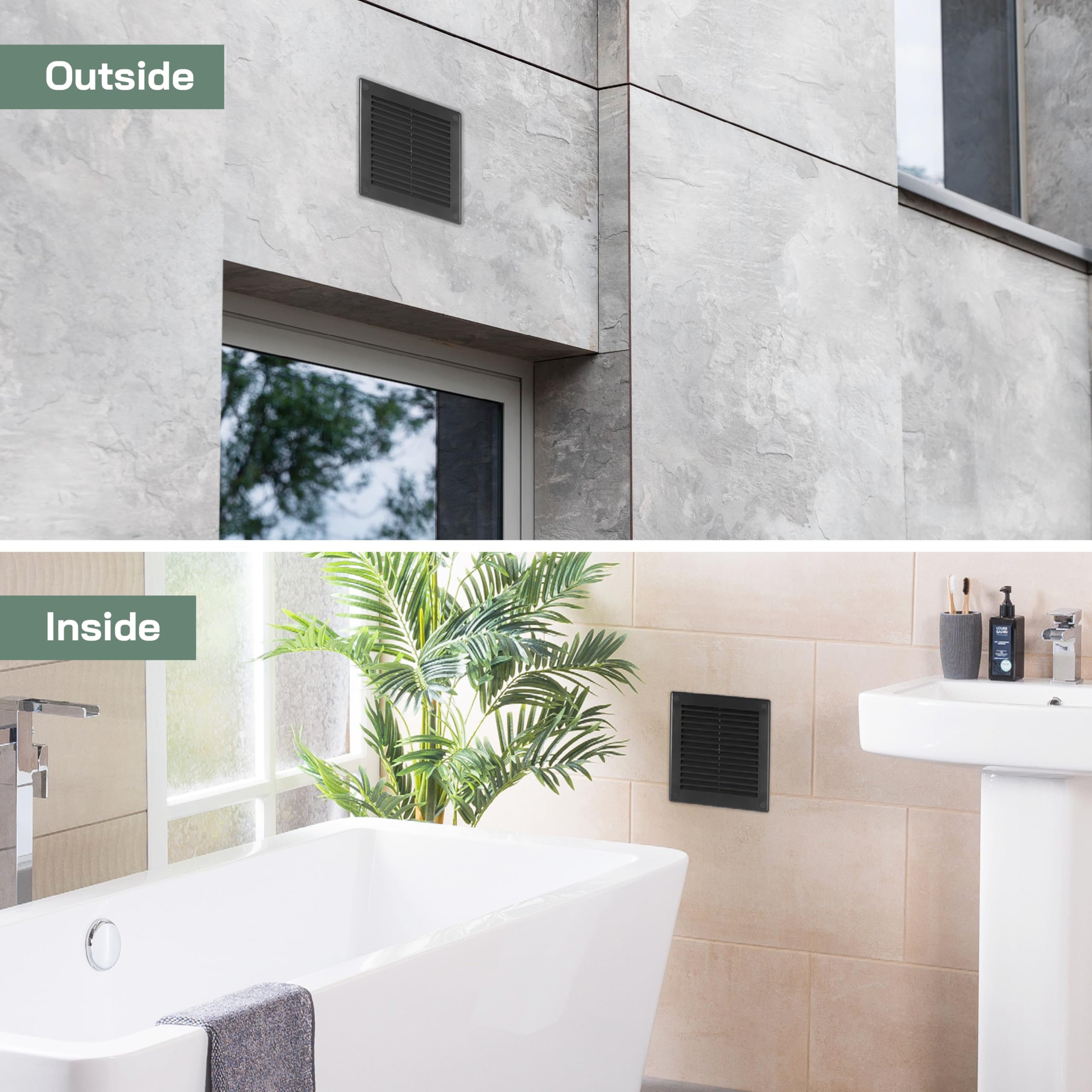 Vent Systems 4.5 x 4.5 pulgadas (dimensiones de apertura) – Paquete de 5 – Cubierta de ventilación de plástico negro Soffit – Rejilla de ventilación cuadrada plana – Deflector de ventilación – HVAC 6