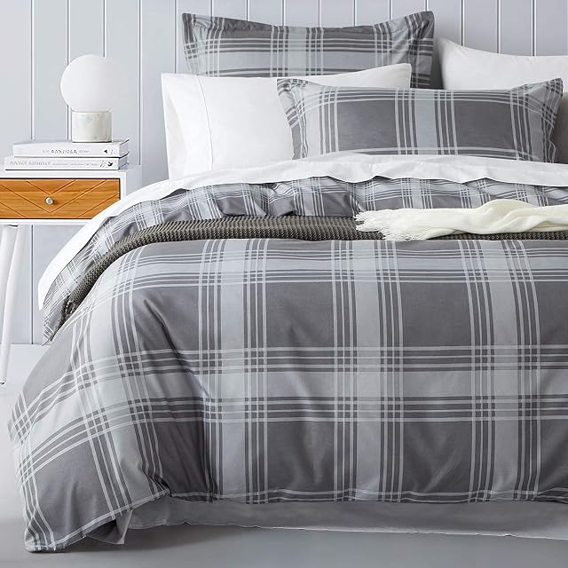 Imperial Rooms Duvet Sets Bedding Double Bed (200 x 200 Cm) 3 Piece Soft Brushed Microfiber Double Duvet Set Reversible Printed Quilt Cover with Pillow Cases (Grey Check)