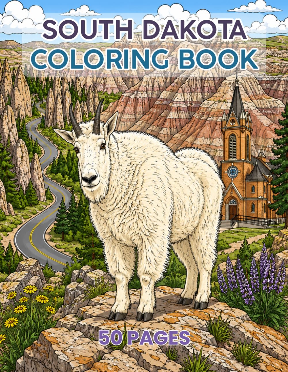 SOUTH DAKOTA Coloring Book 50 Pages Single Sided: Landscapes, Landmarks, Sceneries