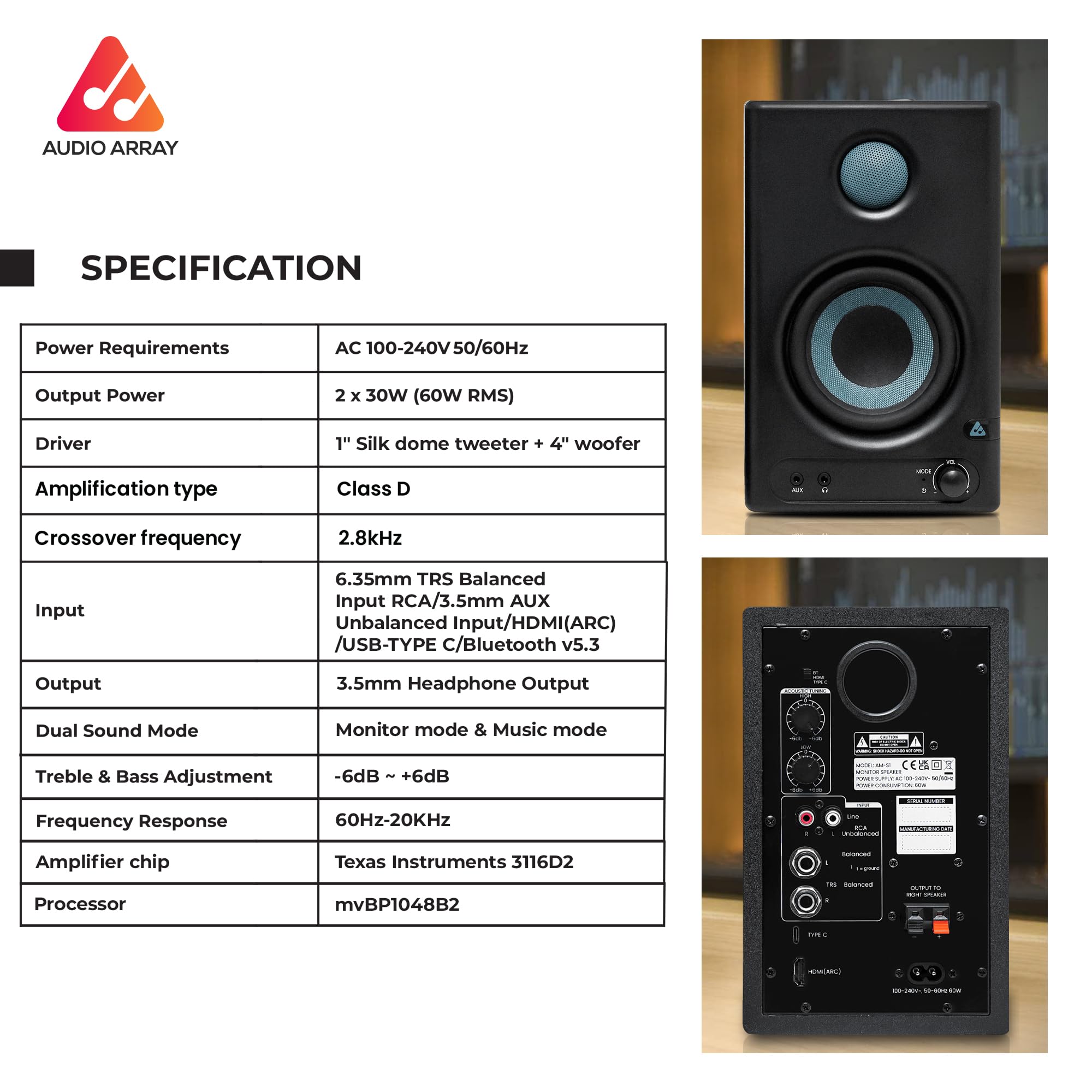 Audio Array AM-S1 BT v5.3 |Professional 4" Studio Monitor Speaker Pair| 60W Class D Amplification,Woven Composite Woofer,1" Silk-Dome Tweeter,EQ Controls|Music/Monitor Mode, Aux, HDMI, USB C, TRS, RCA - Image 7 thumbnail