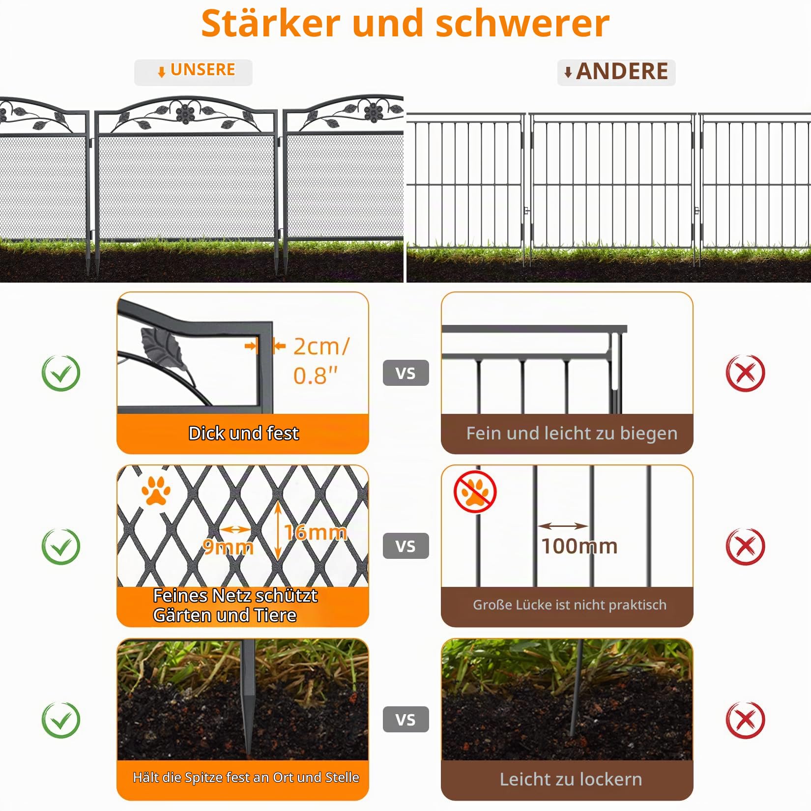 unho XXL Beetzaun aus Metall, Gartenzaun Beetumrandung 80cm hoch, schöner Dekozaun, mit Erdspießen, 5-teiliges Set, schwarz
