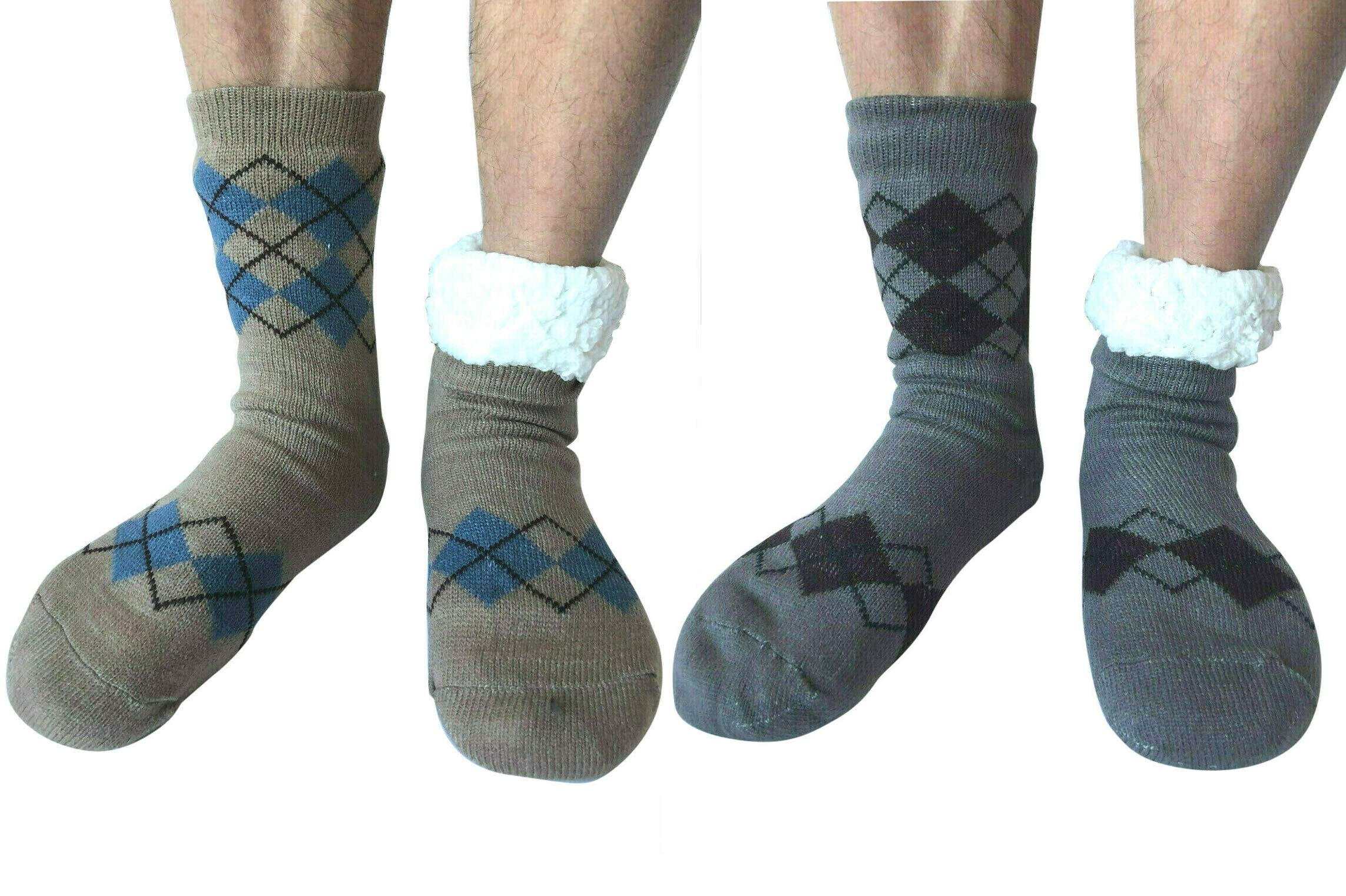2 Pairs Men Winter Thermal Fleece Lined Knit Thick Slipper Socks Non Skid Socks
