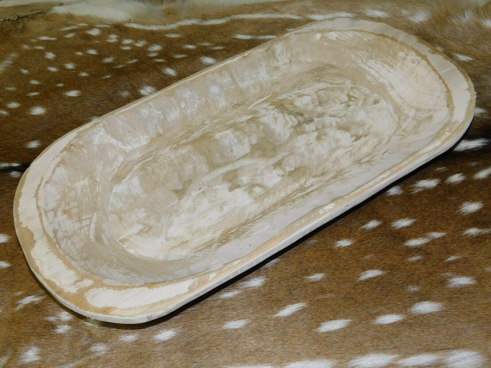 (NEW Brackets) Carved Wooden Dough Bowl Primitive Wood Tray Trencher Shabby White Decor 21 1/4